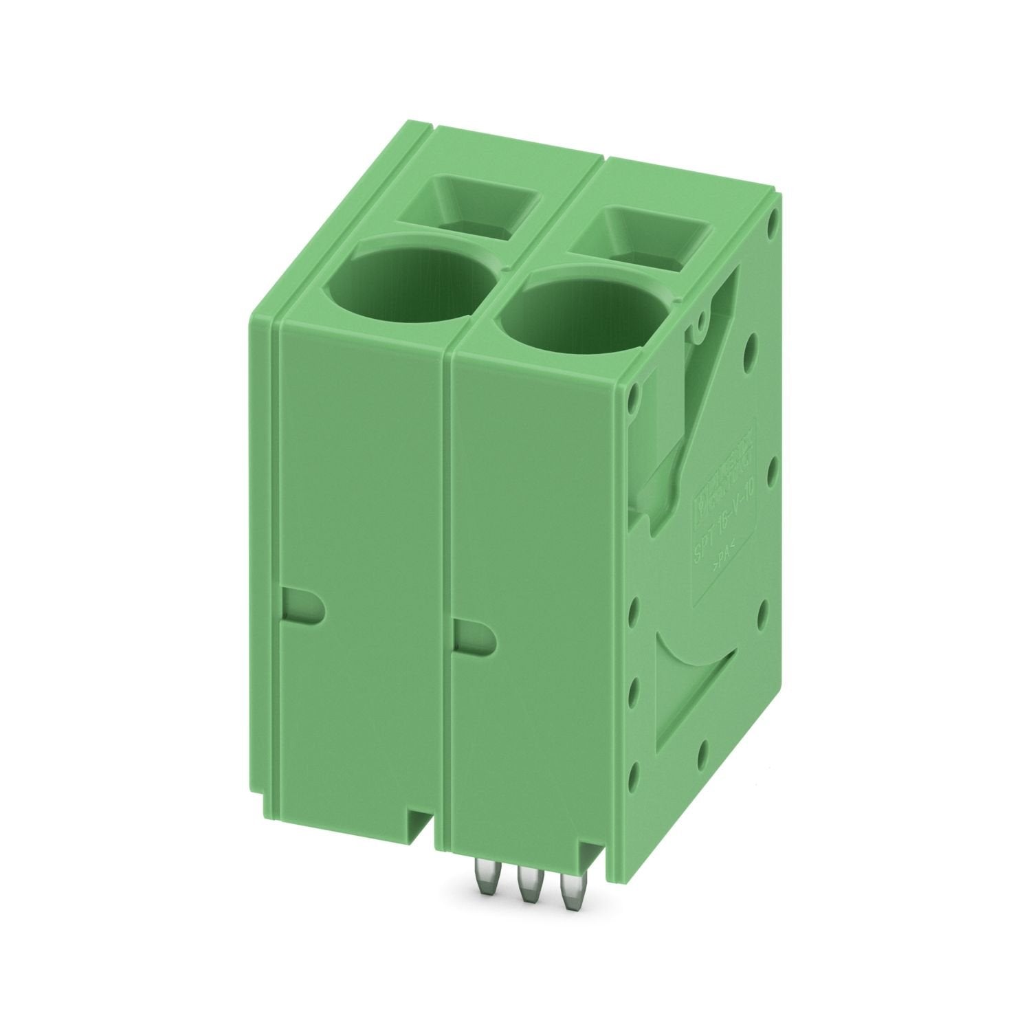 Printed circuit board terminal, nominal current: 76 A, rated voltage (III/2): 1000 V, nominal cross section: 16 mm 2 , number of potentials: 2, number of rows: 1, number of positions per row: 2, product range: SPT 16/..-V, pitch: 10 mm, connection method: Push-in spring connection, mounting: Wave soldering, conductor/PCB connection direction: 90 °, color: green, Pin layout: Zigzag pinning W, Solder pin [P]: 4.1 mm, number of solder pins per potential: 3, type of packaging: packed in cardboard
