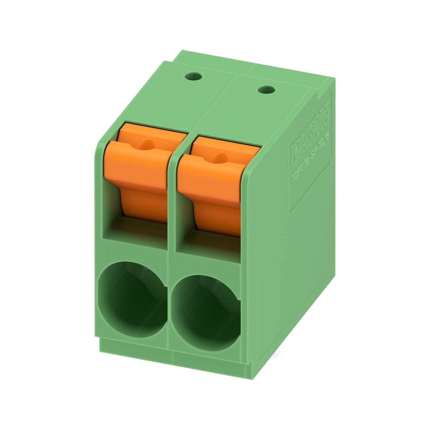 Printed circuit board terminal, nominal current: 76 A, rated voltage (III/2): 1000 V, nominal cross section: 16 mm 2 , number of potentials: 2, number of rows: 1, number of positions per row: 2, product range: TDPT 16/..-SP, pitch: 10.16 mm, connection method: Push-in spring connection, mounting: Wave soldering, conductor/PCB connection direction: 0 °, color: green, Pin layout: Zigzag pinning W, Solder pin [P]: 3.5 mm, number of solder pins per potential: 2, type of packaging: packed in cardboard