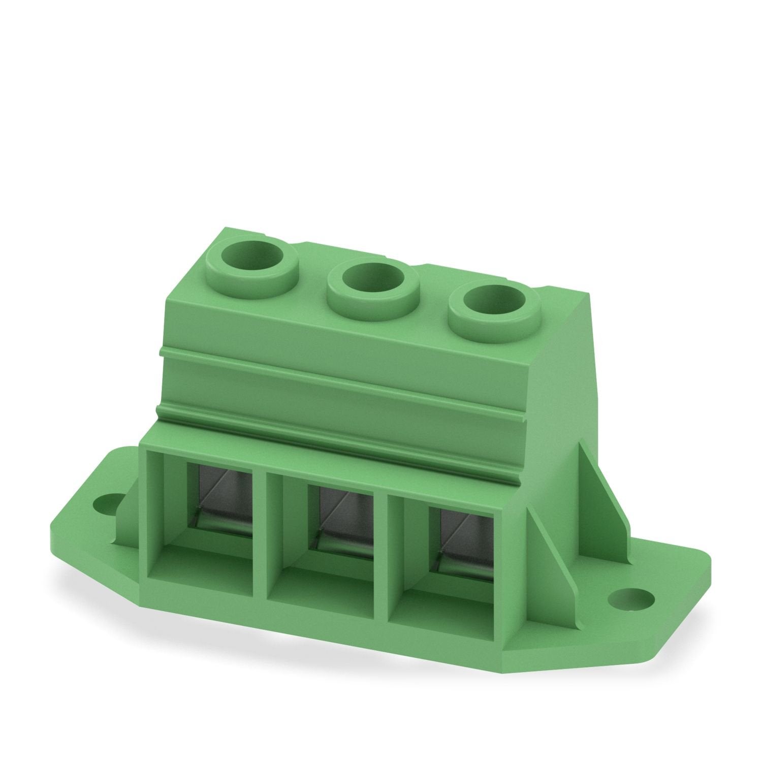 Printed circuit board terminal, nominal current: 125 A, rated voltage (III/2): 1000 V, nominal cross section: 35 mm 2 , number of potentials: 3, number of rows: 1, number of positions per row: 3, product range: MKDSP 25/..-F, pitch: 15 mm, connection method: Screw connection with tension sleeve, screw head form: Z2L Slotted Pozidriv, mounting: Wave soldering, conductor/PCB connection direction: 0 °, color: green, Pin layout: Linear pinning, Solder pin [P]: 4.5 mm, number of solder pins per potential: 4, typ
