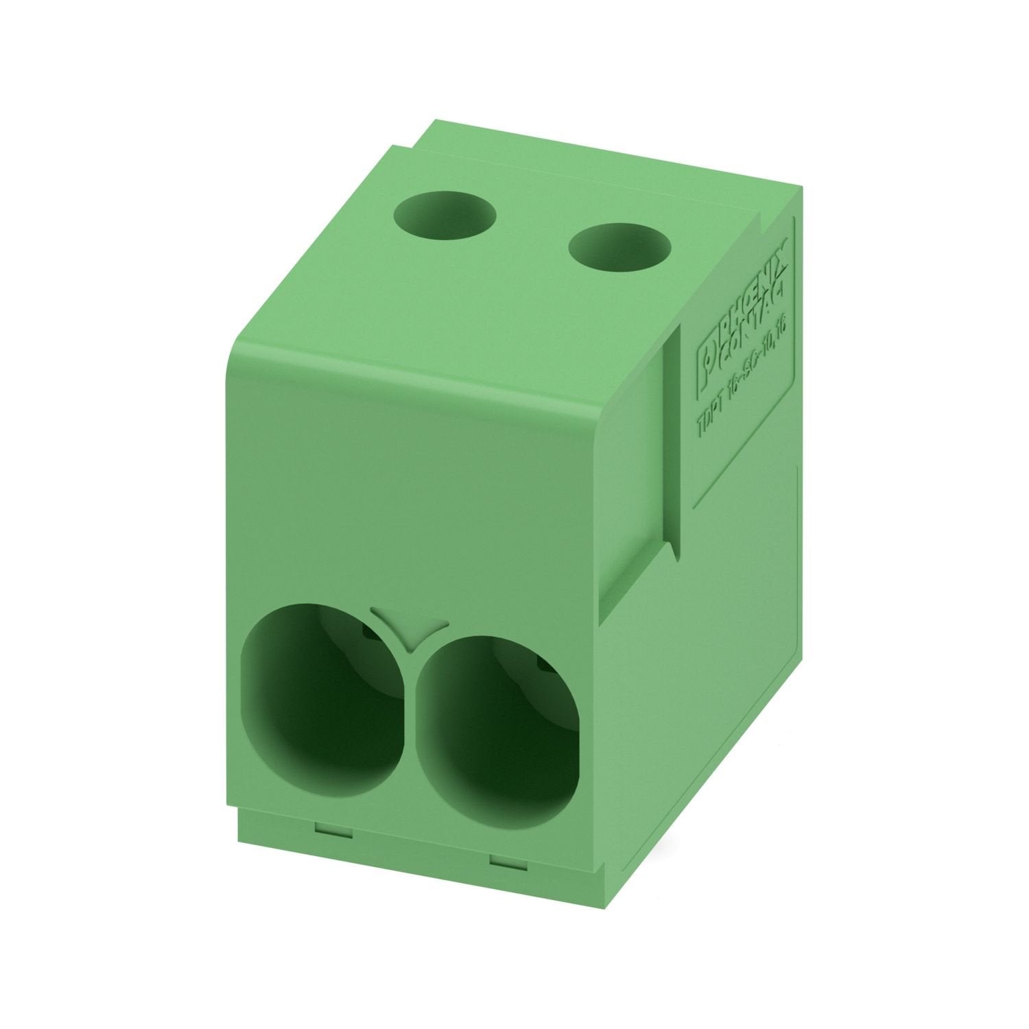Printed circuit board terminal, nominal current: 76 A, rated voltage (III/2): 1000 V, nominal cross section: 16 mm 2 , number of potentials: 2, number of rows: 1, number of positions per row: 2, product range: TDPT 16/..-SC, pitch: 10.16 mm, connection method: Screw connection with tension sleeve, screw head form: L Slotted, mounting: Wave soldering, conductor/PCB connection direction: 0 °, color: green, Pin layout: Zigzag pinning W, Solder pin [P]: 3.5 mm, number of solder pins per potential: 2, type of pa