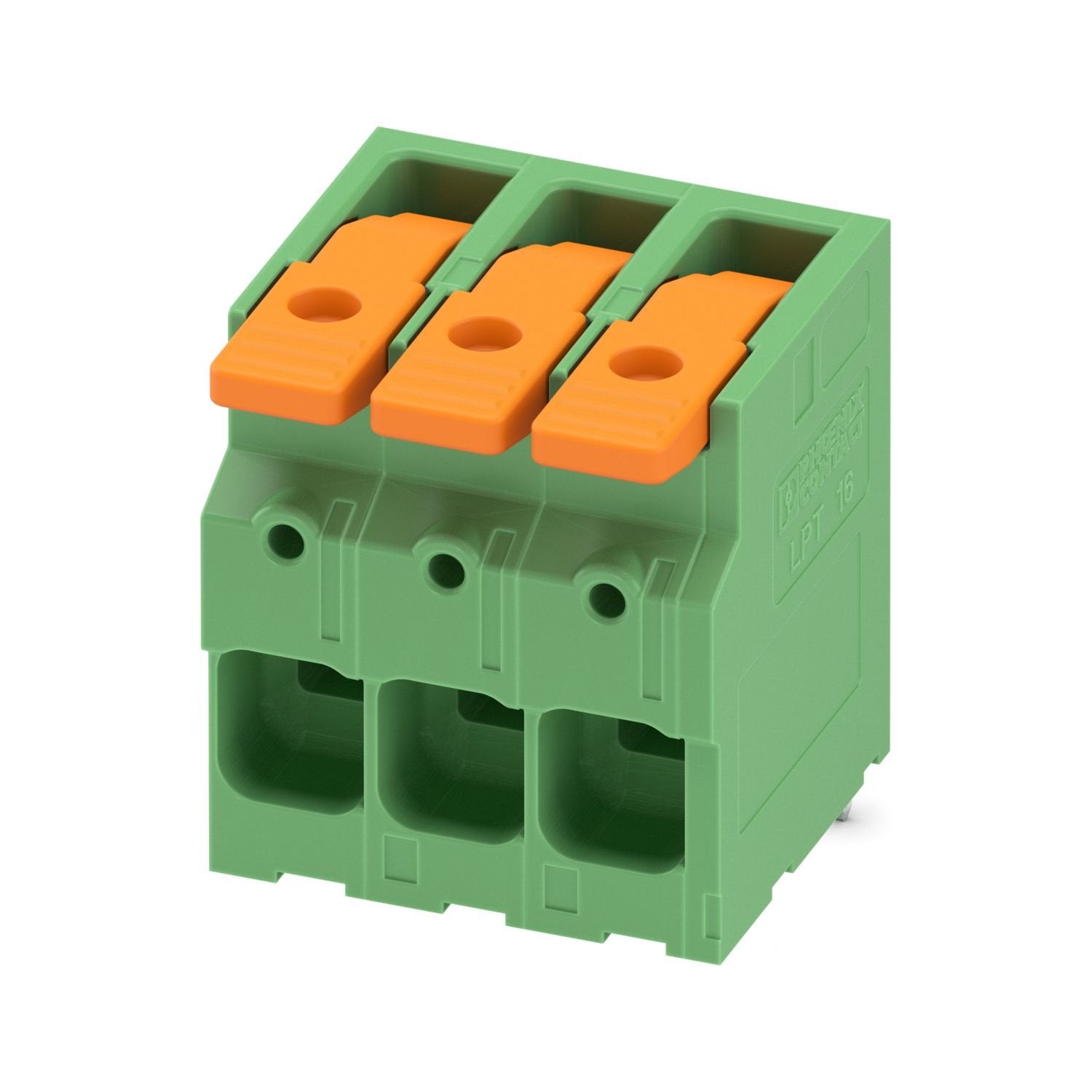 Printed circuit board terminal, nominal current: 76 A, rated voltage (III/2): 1000 V, nominal cross section: 16 mm 2 , number of potentials: 3, number of rows: 1, number of positions per row: 3, product range: LPT 16/, pitch: 10 mm, connection method: Lever Push-in connection, mounting: Wave soldering, conductor/PCB connection direction: 0 °, color: green, Pin layout: Zigzag pinning W, Solder pin [P]: 3.6 mm, type of packaging: packed in cardboard