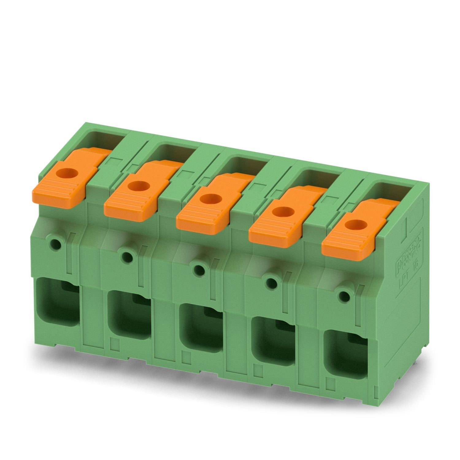 Printed circuit board terminal, nominal current: 76 A, rated voltage (III/2): 1000 V, nominal cross section: 16 mm 2 , number of potentials: 5, number of rows: 1, number of positions per row: 5, product range: LPT 16/, pitch: 15 mm, connection method: Lever Push-in connection, mounting: Wave soldering, conductor/PCB connection direction: 0 °, color: green, Pin layout: Zigzag pinning W, Solder pin [P]: 3.6 mm, type of packaging: packed in cardboard