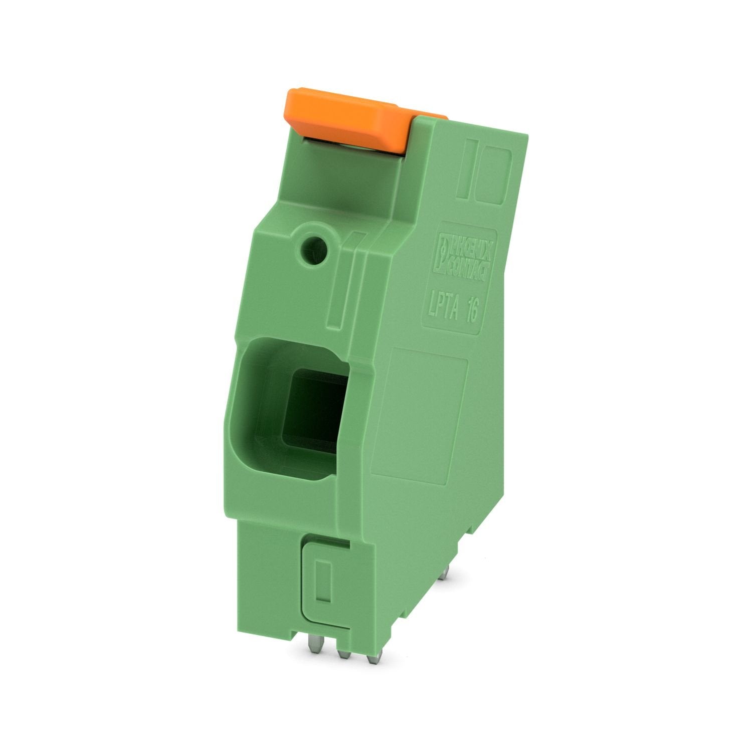 Printed circuit board terminal, nominal current: 76 A, nominal cross section: 16 mm 2 , number of potentials: 1, number of rows: 1, number of positions per row: 1, product range: LPTA 16/, pitch: 10 mm, connection method: Lever Push-in connection, mounting: Wave soldering, conductor/PCB connection direction: 30 °, color: green, Pin layout: Linear pinning, Solder pin [P]: 3.6 mm, type of packaging: packed in cardboard