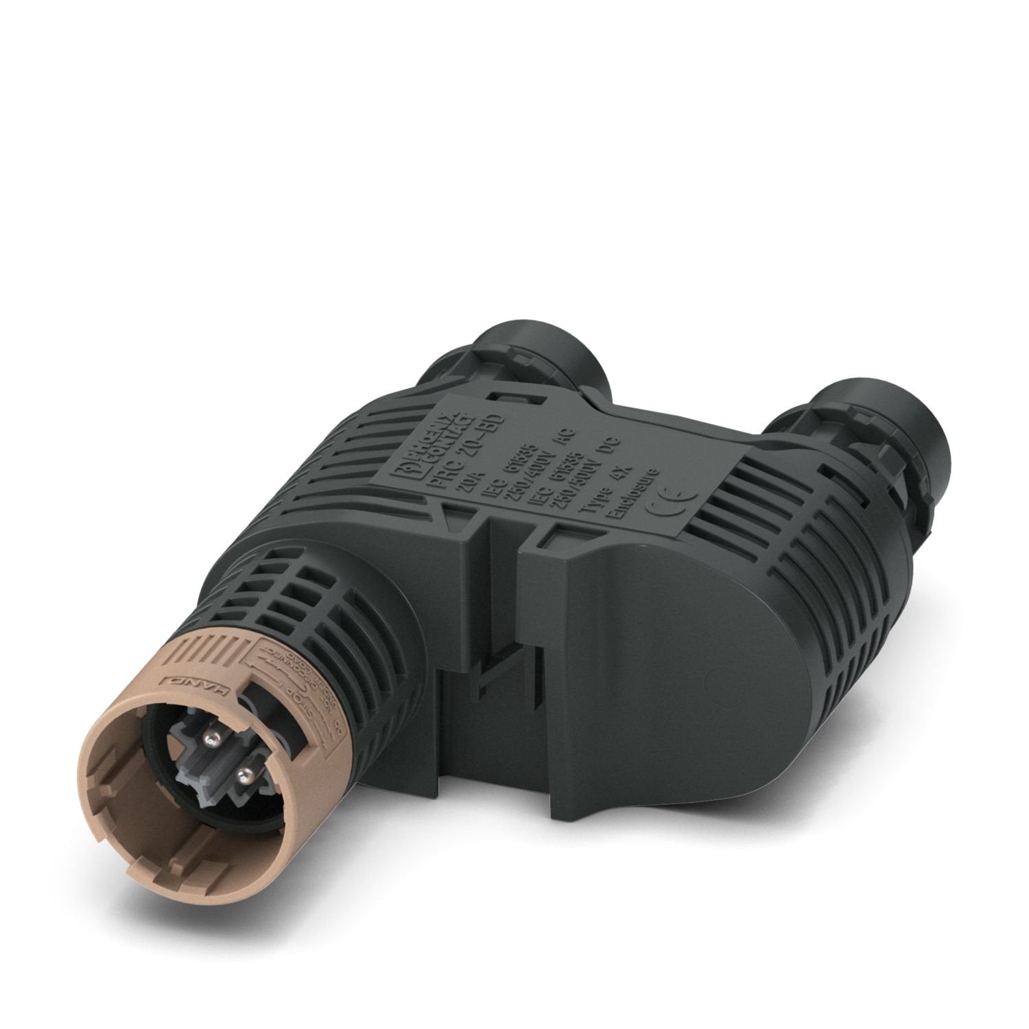 Distribution block, Range of articles: PRC 20, design: Y distributor, color: black, number of positions: 2, rated voltage: 400 V, rated current: 20 A, Setting option for release: 1. with a tool or 2. by hand, scope: SELV