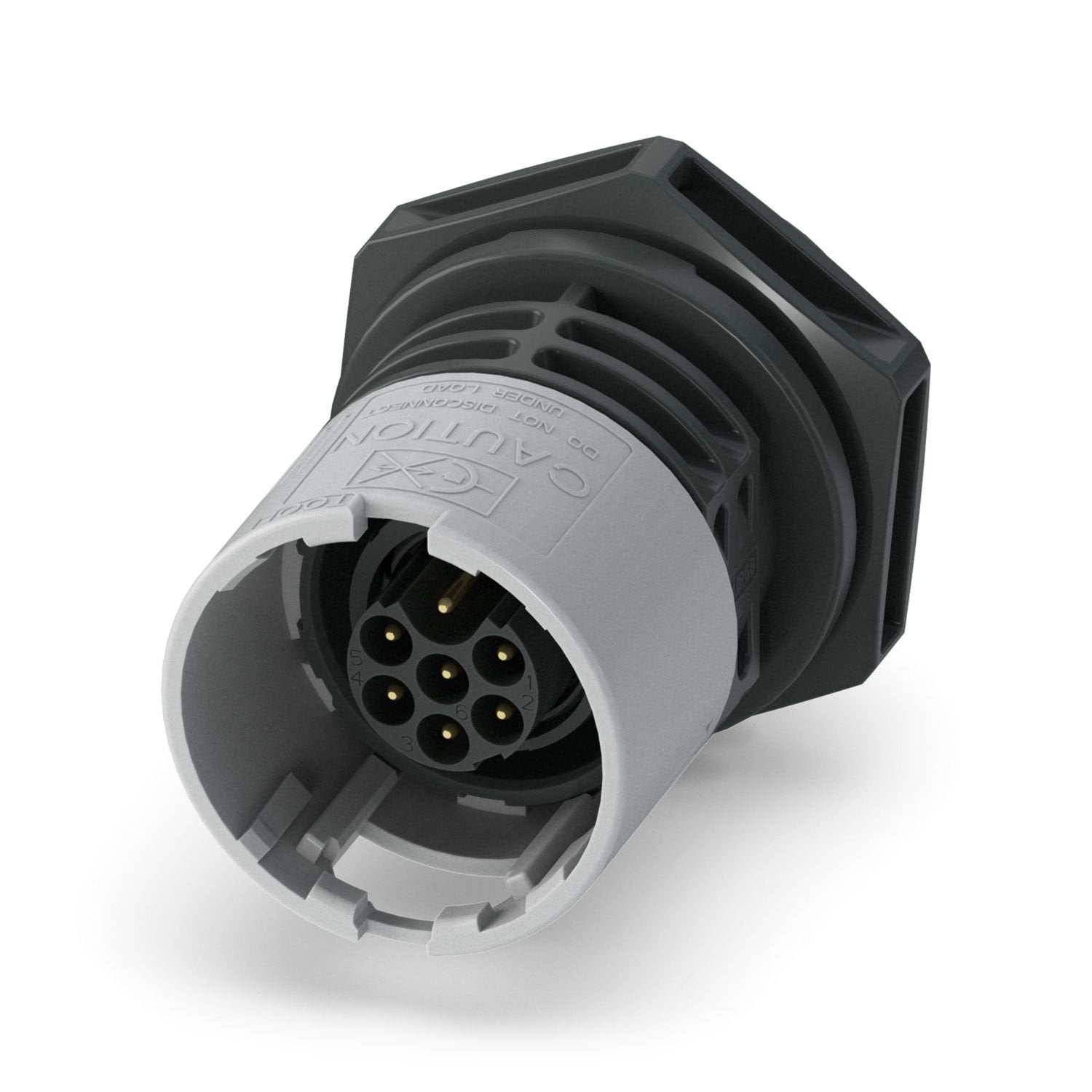 Device connector front mounting, Range of articles: PRC 20, design: Straight, color: black, number of positions: 7, min. conductor cross-section: 0.75 mm 2 , max. conductor cross-section: 1 mm 2 , rated voltage: Dreiphasig 630 V AC, rated current: 8.5 A, Connection method: Crimp connection, min. cable diameter: 6 mm, max. cable diameter: 14 mm, Setting option for release: 1. with a tool or 2. by hand