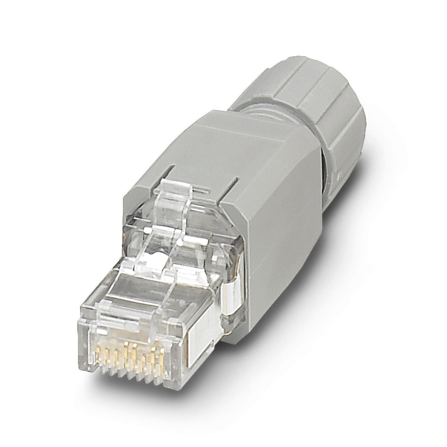 RJ45 connector, design: RJ45, degree of protection: IP20, number of positions: 8, 1 Gbps, CAT5, material: Plastic, connection method: Insulation displacement connection, connection cross section: AWG 26- 23, cable outlet: straight, color: traffic grey A RAL 7042, Ethernet