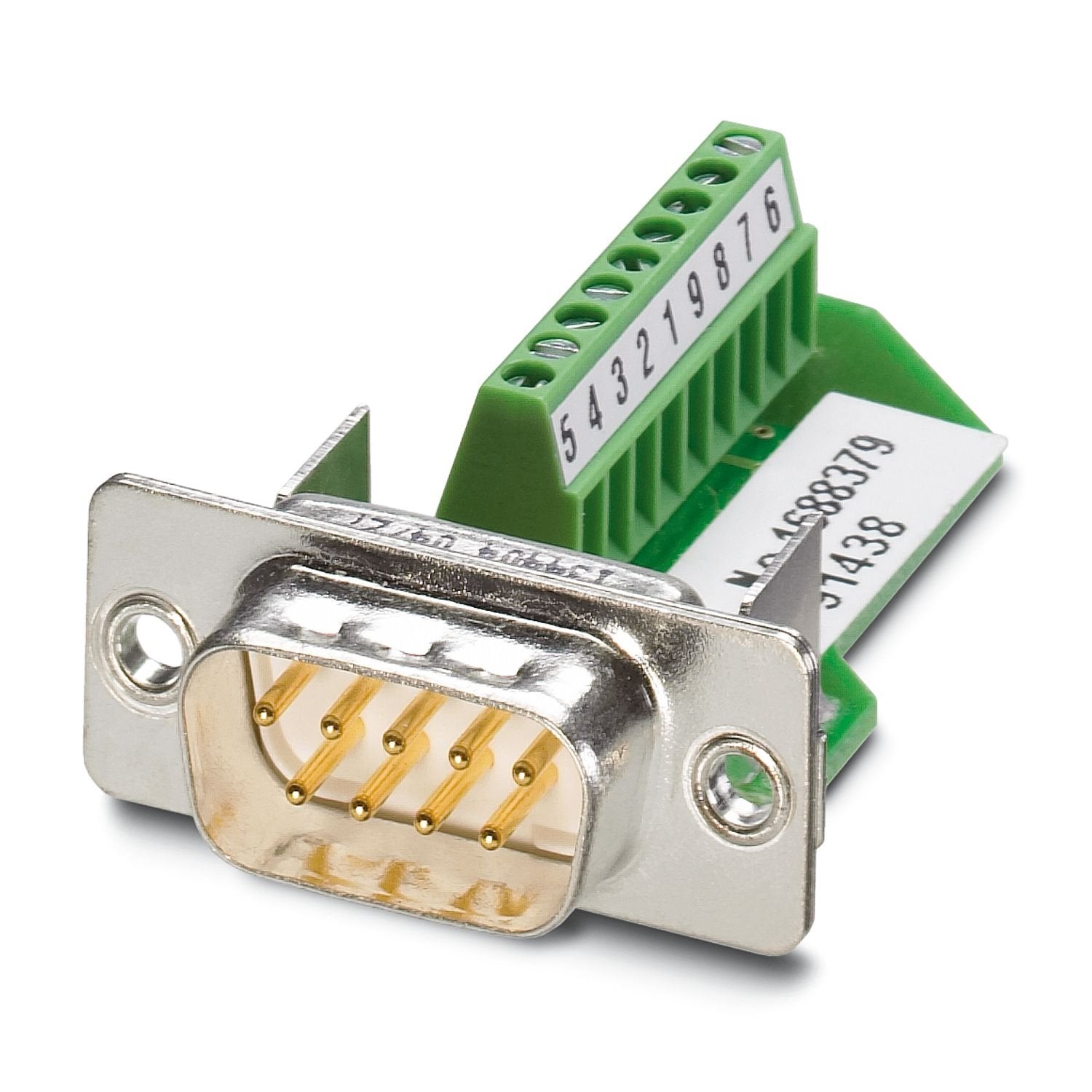 D-SUB contact insert, shell size 1, with 9 signal contacts, male type of contact, screw connection, straight, for panel mounting frame and sleeve housing with IP67 protection