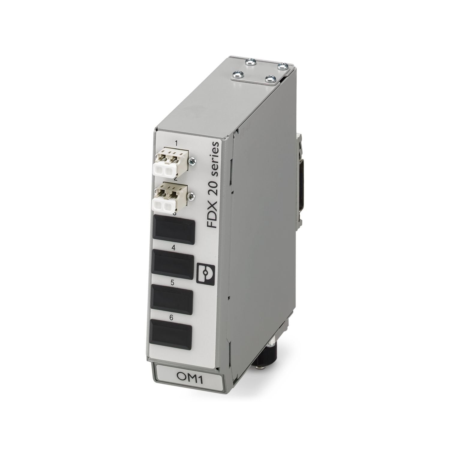 Distributor, design: Rail-mountable module, degree of protection: IP20, number of positions: 4, material: Metal, connection method: ODC connector, cable outlet: above and below, housing size: 1, color: gray, Ethernet