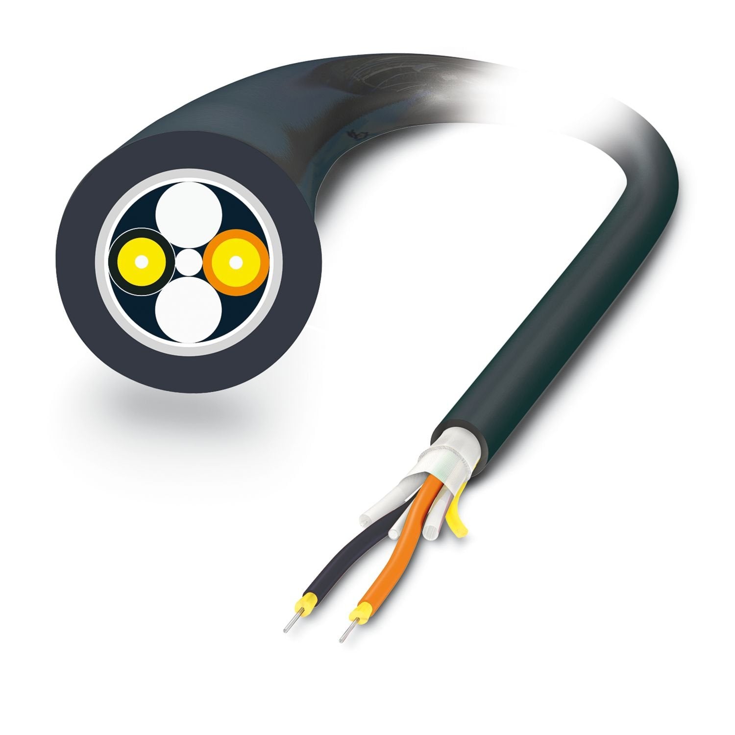 PCF outdoor cable, 2-wire, full breakout cable for fixed installation, non-metallic rodent protection, can be easily stripped, UV-resistant, high mechanical and thermal stability, low smoke, halogen-free and self-extinguishing, improved tread resistance, longitudinally and transversely watertight