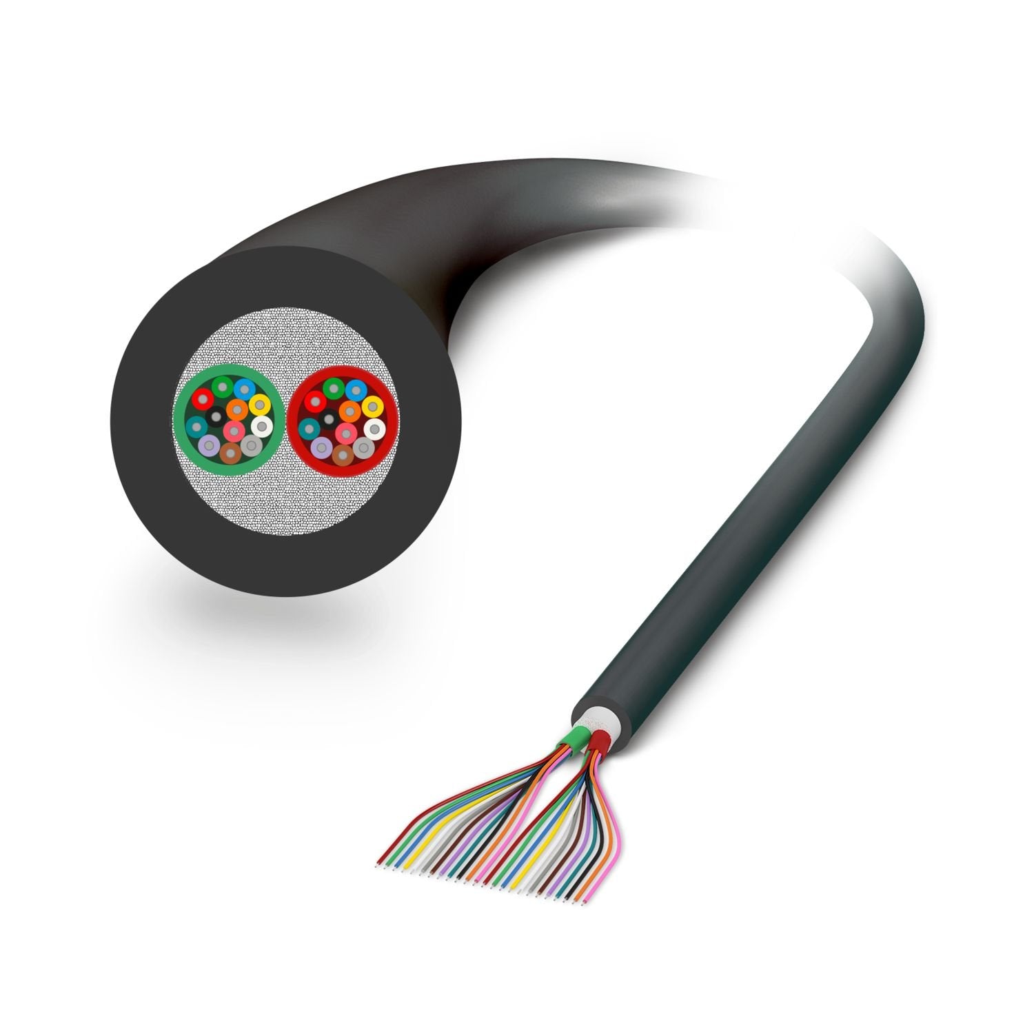 GOF universal cable, 24-wire, loose tube cable for fixed installation, non-metallic rodent protection, can be easily stripped, UV-resistant, high mechanical and thermal stability, low smoke, halogen-free and self-extinguishing, improved tread resistance, longitudinally and transversely watertight