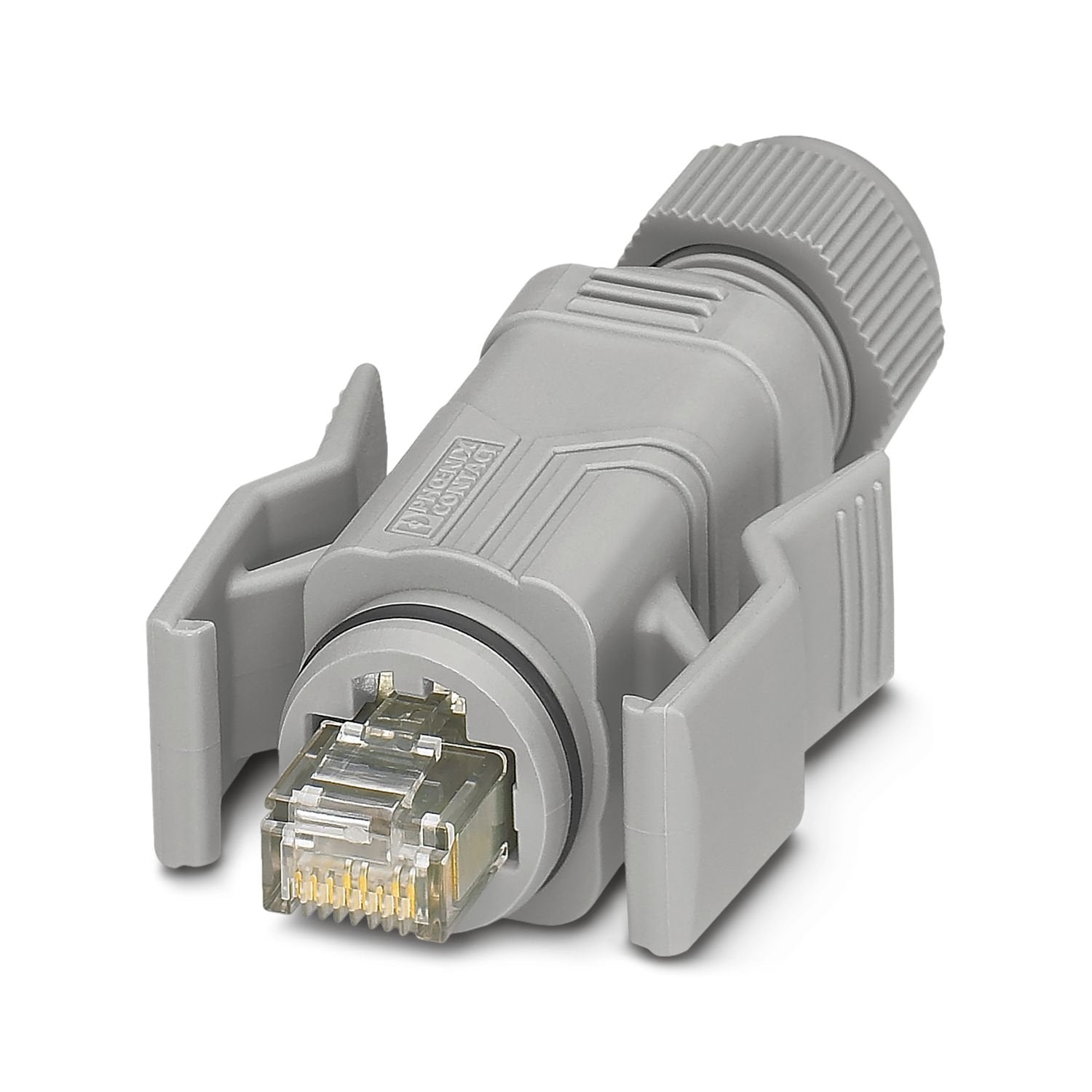 RJ45 connector, design: RJ45, degree of protection: IP67, number of positions: 8, 1 Gbps, CAT5, material: Plastic, connection method: IDC fast connection, connection cross section: AWG 26- 23, cable outlet: straight, color: traffic grey A RAL 7042, Ethernet