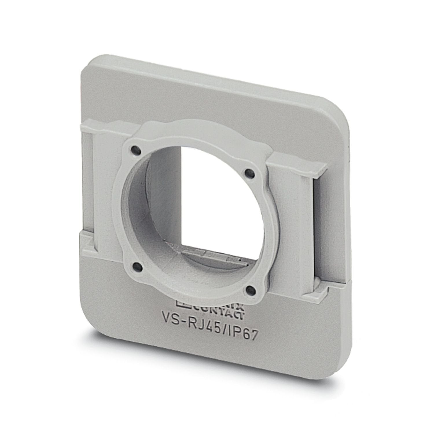RJ45 panel mounting frame, IP67, for modular socket inserts (Keystone), for round panel cutout, with grommet, with thread and union nut, color: gray