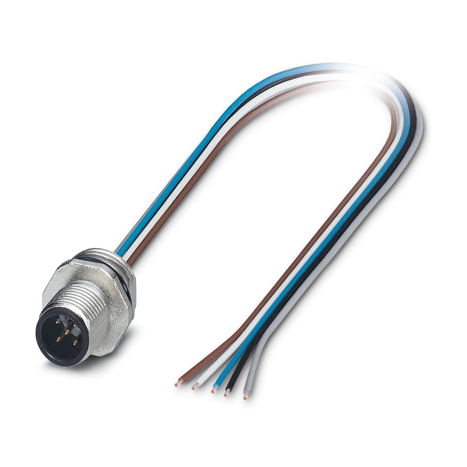 Device connector front mounting, Universal, 5-position, Pin, straight, M12-Standard, A-coding, on free cable end, Individual wires, cable length: 0.5 m, 0.34 mm 2 , TPE litz wire, potted