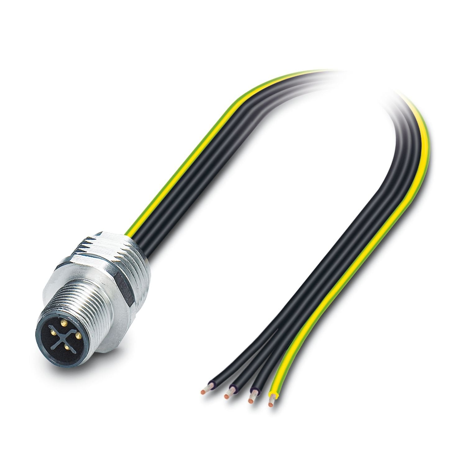 Device connector front mounting, Power, 4-position, Pin, straight, M12-Standard, S-coding, on free cable end, Individual wires, cable length: 0.5 m, 1.31 mm 2 , UL/cUL stranded hook-up wire, potted, this item is expected to be lead-free from Q1 2026 in accordance with RoHS II without exception 6c (Pb < 0.1%), a lead-free alternative is possible on request in advance