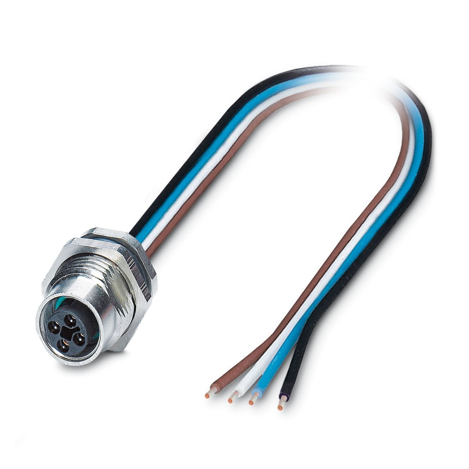 Device connector rear mounting, Power, 4-position, Socket, straight, M12-Standard, T-coding, on free cable end, Individual wires, cable length: 0.5 m, 1.31 mm 2 , UL/cUL stranded hook-up wire, potted, this item is expected to be lead-free from Q2 2026 in accordance with RoHS II without exception 6c (Pb < 0.1%), a lead-free alternative is possible on request in advance