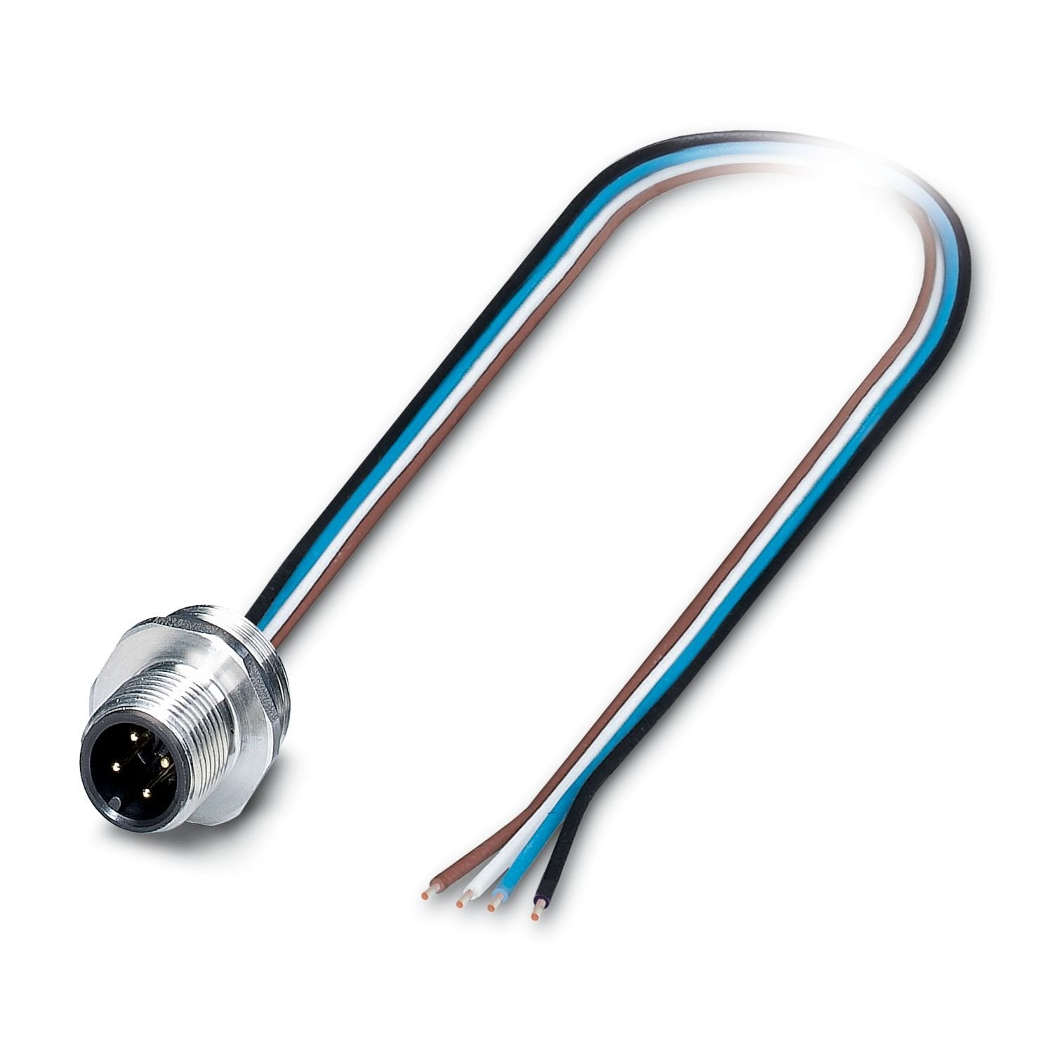Device connector front mounting, Universal, 4-position, Pin, straight, M12-Standard, A-coding, on free cable end, Individual wires, cable length: 0.5 m, 0.34 mm 2 , TPE litz wire, potted