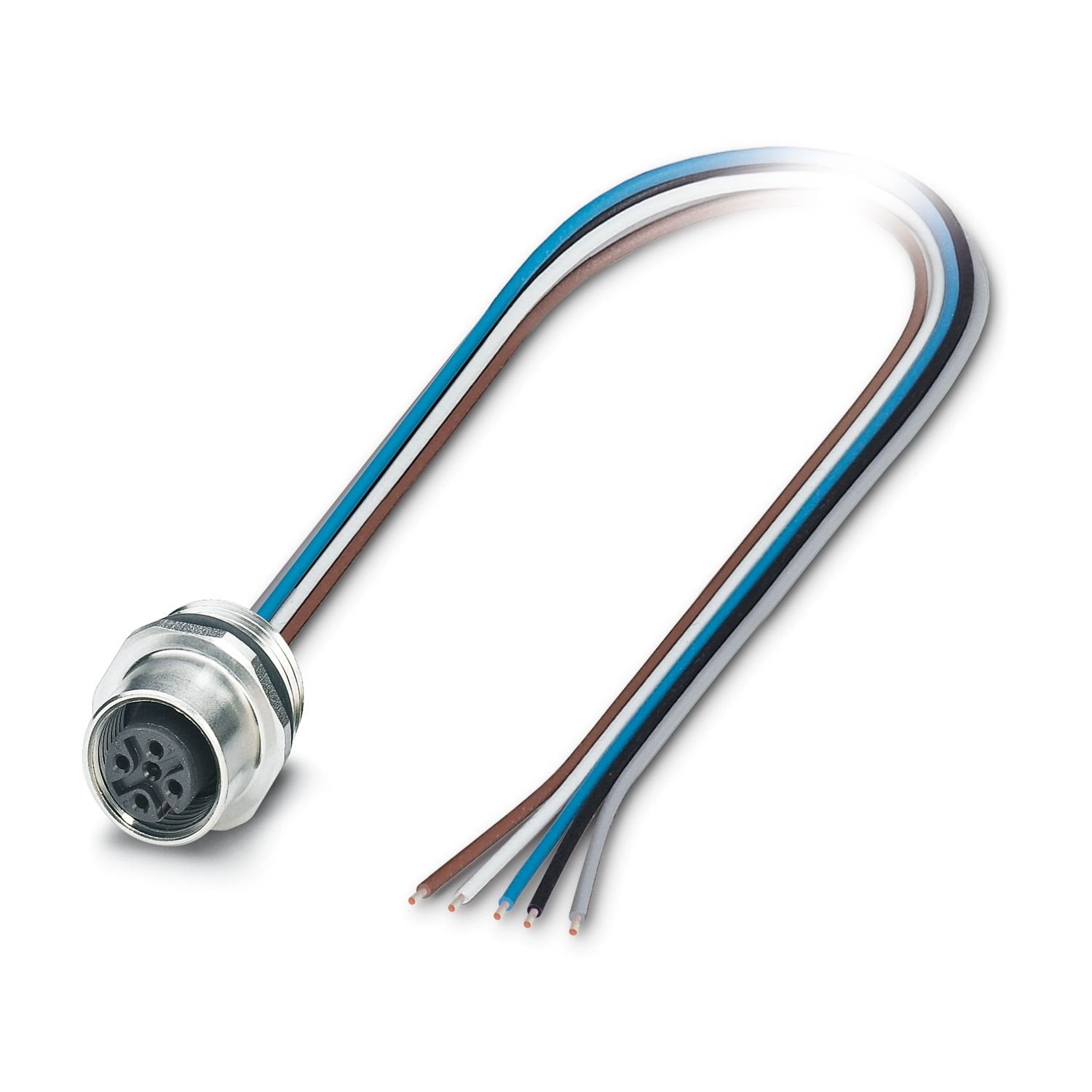 Device connector front mounting, Universal, 5-position, Socket, straight, M12-Standard, A-coding, on free cable end, Individual wires, cable length: 0.5 m, 0.34 mm 2 , TPE litz wire, potted