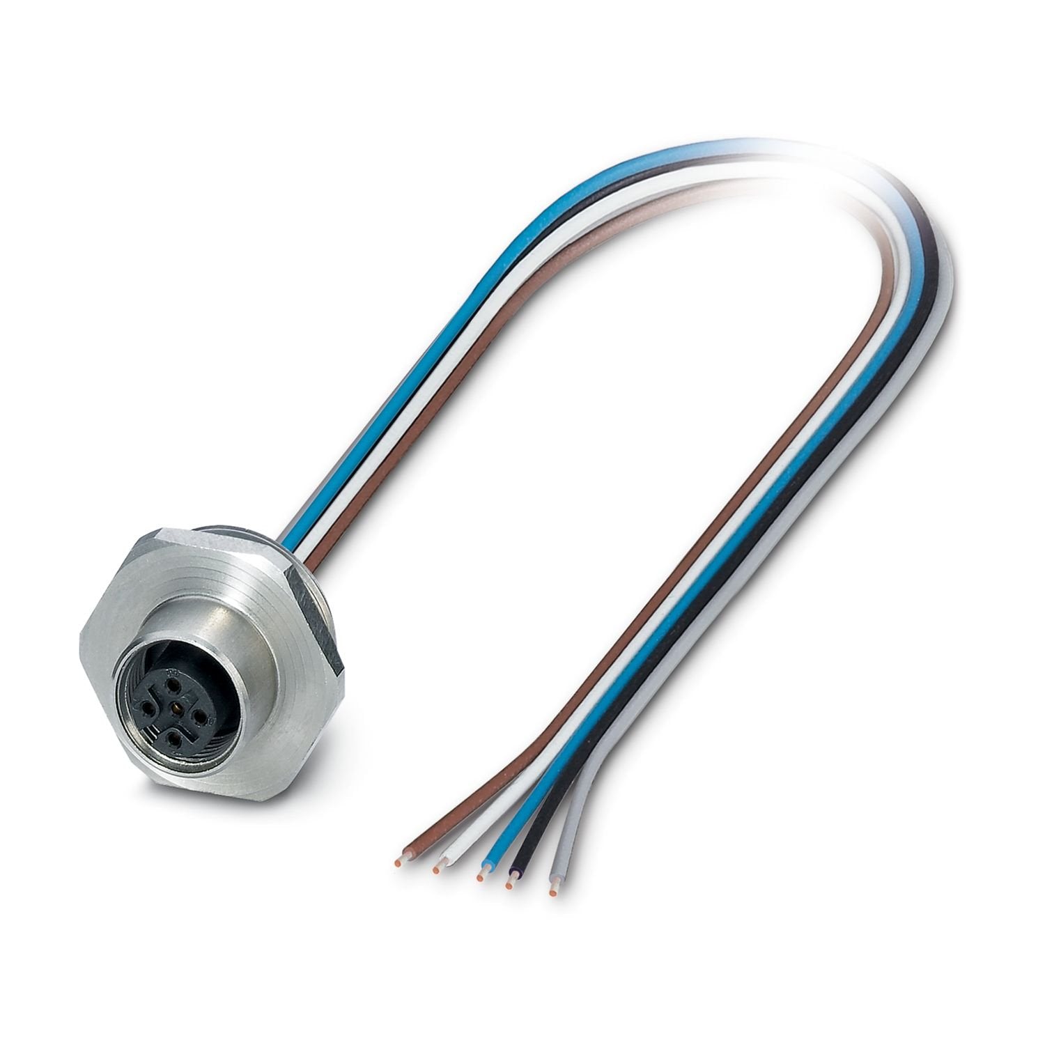 Device connector front mounting, 5-position, Socket, straight, M12-Standard, A-coding, on free cable end, Individual wires, cable length: 0.5 m, 0.34 mm 2 , TPE litz wire, potted