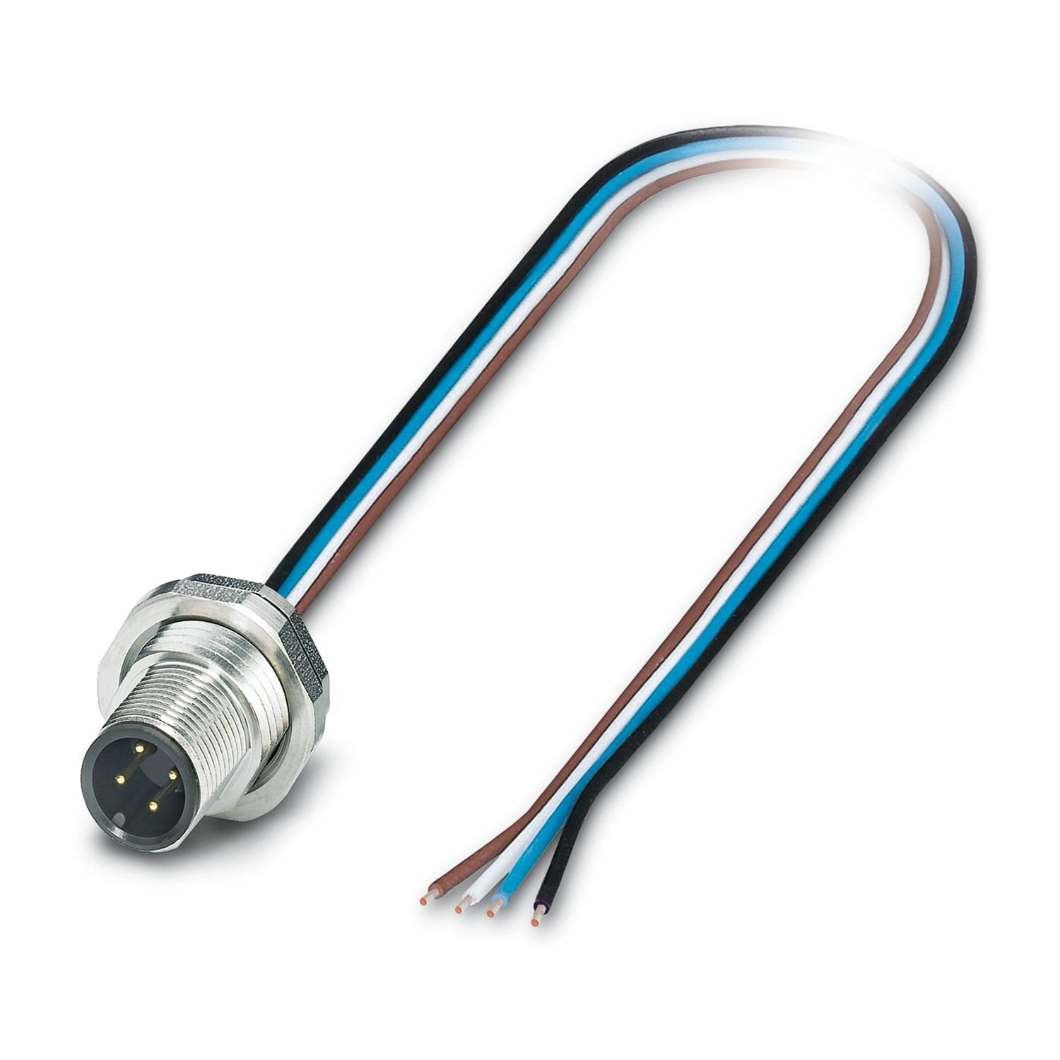 Device connector rear mounting, Universal, 4-position, Pin, straight, M12-Standard, A-coding, on free cable end, Individual wires, cable length: 0.5 m, 0.34 mm 2 , TPE litz wire, potted