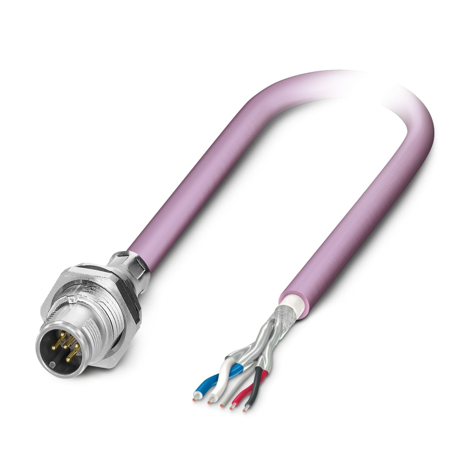 Device connector rear mounting, 5-position, PUR halogen-free, red lilac RAL 4001, shielded, Pin, straight, M12-Push-pull external locking, A-coding, on free cable end, Cable connection, cable length: 0.5 m, CANopen®/DeviceNet™, PUR, violet, potted