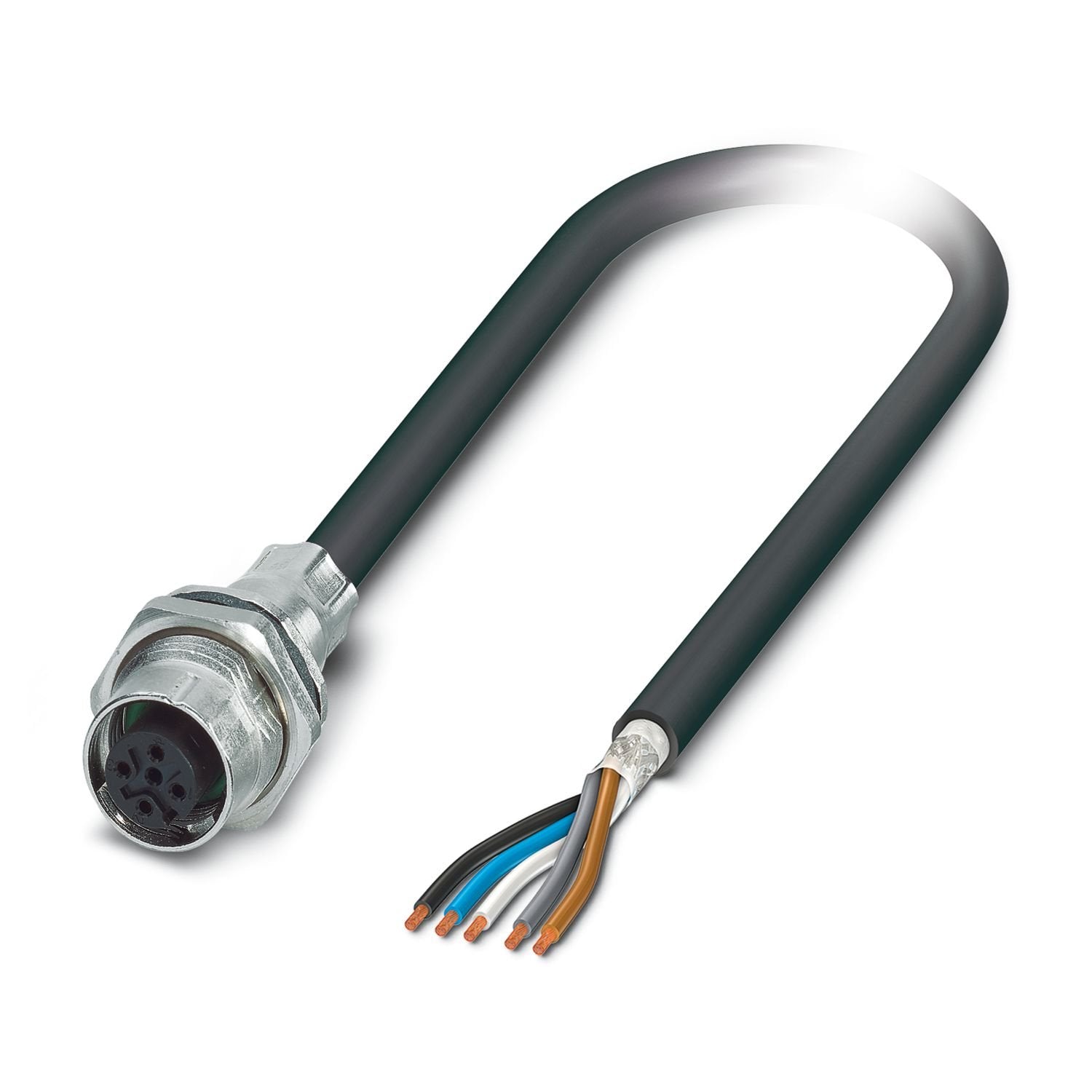 Device connector rear mounting, 5-position, PUR halogen-free, black-gray RAL 7021, shielded, Socket, straight, M12-Push-pull external locking, A-coding, on free cable end, Cable connection, cable length: 2 m, 0.34 mm 2 , PUR halogen-free black, this item is expected to be lead-free from Q2 2026 in accordance with RoHS II without exception 6c (Pb < 0.1%), a lead-free alternative is possible on request in advance