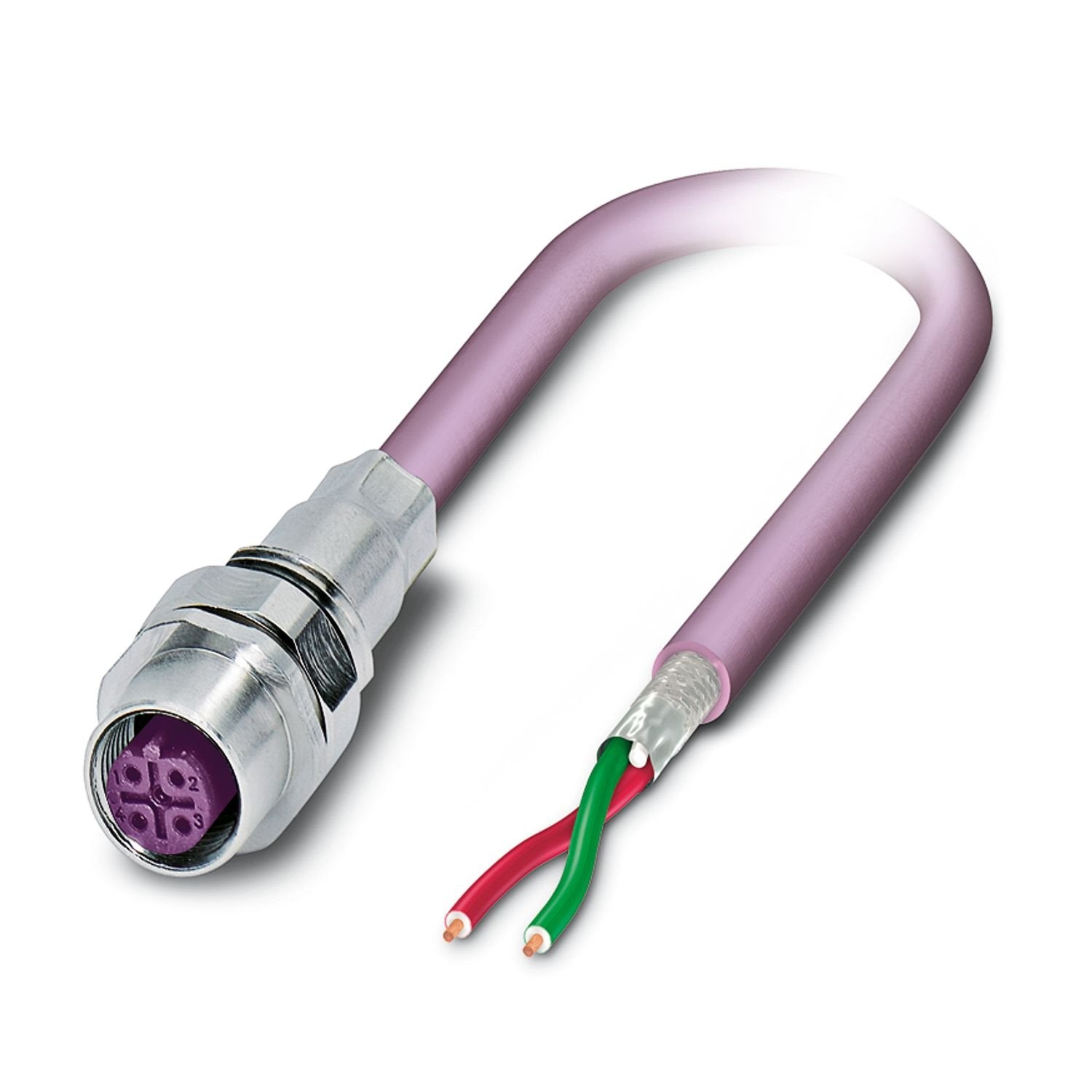 Device connector front mounting, 2-position, PUR halogen-free, red lilac RAL 4001, shielded, Socket, straight, M12, B-coding, on free cable end, Cable connection, cable length: 1 m, 0.22 mm 2 , PROFIBUS, this item is expected to be lead-free from Q2 2026 in accordance with RoHS II without exception 6c (Pb < 0.1%), a lead-free alternative is possible on request in advance