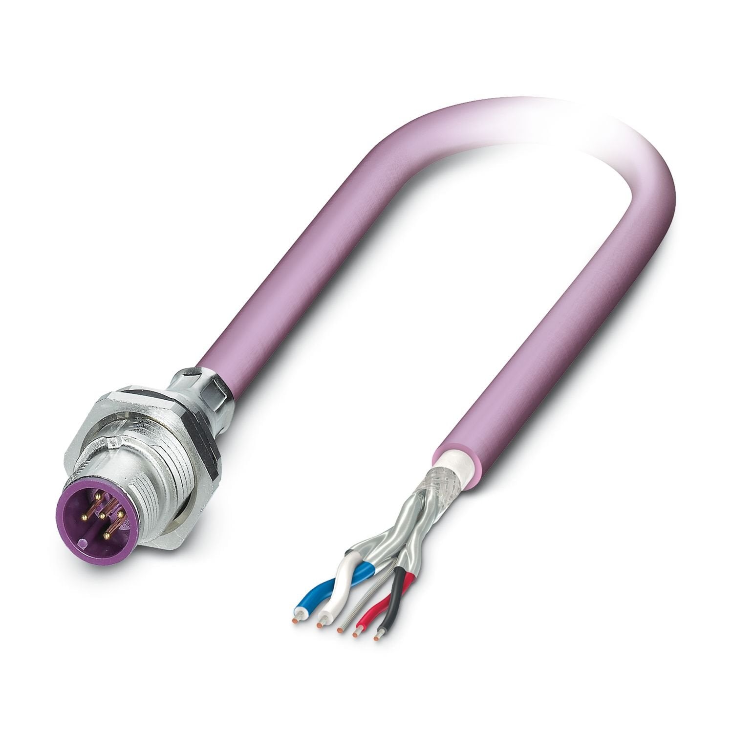Device connector rear mounting, CANopen®, DeviceNet™, 5-position, PUR halogen-free, red lilac RAL 4001, shielded, Pin, straight, M12-SPEEDCON, A-coding, on free cable end, Cable connection, cable length: 2 m, CANopen®/DeviceNet™, PUR, violet, this item is expected to be lead-free from Q1 2027 in accordance with RoHS II without exception 6c (Pb < 0.1%), a lead-free alternative is possible on request in advance