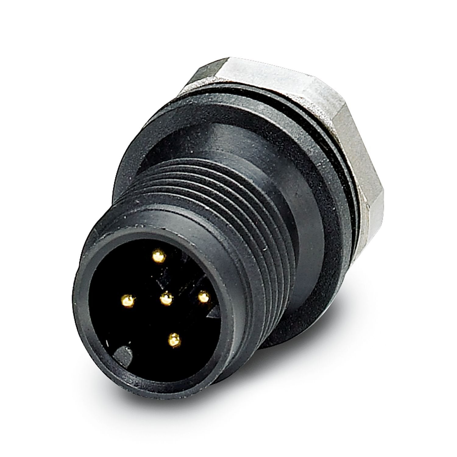Sensor/actuator flush-type connector, male connector, 5-pos., M12, A-coded, front/screw mounting with M12 thread, with solder cups, plastic version