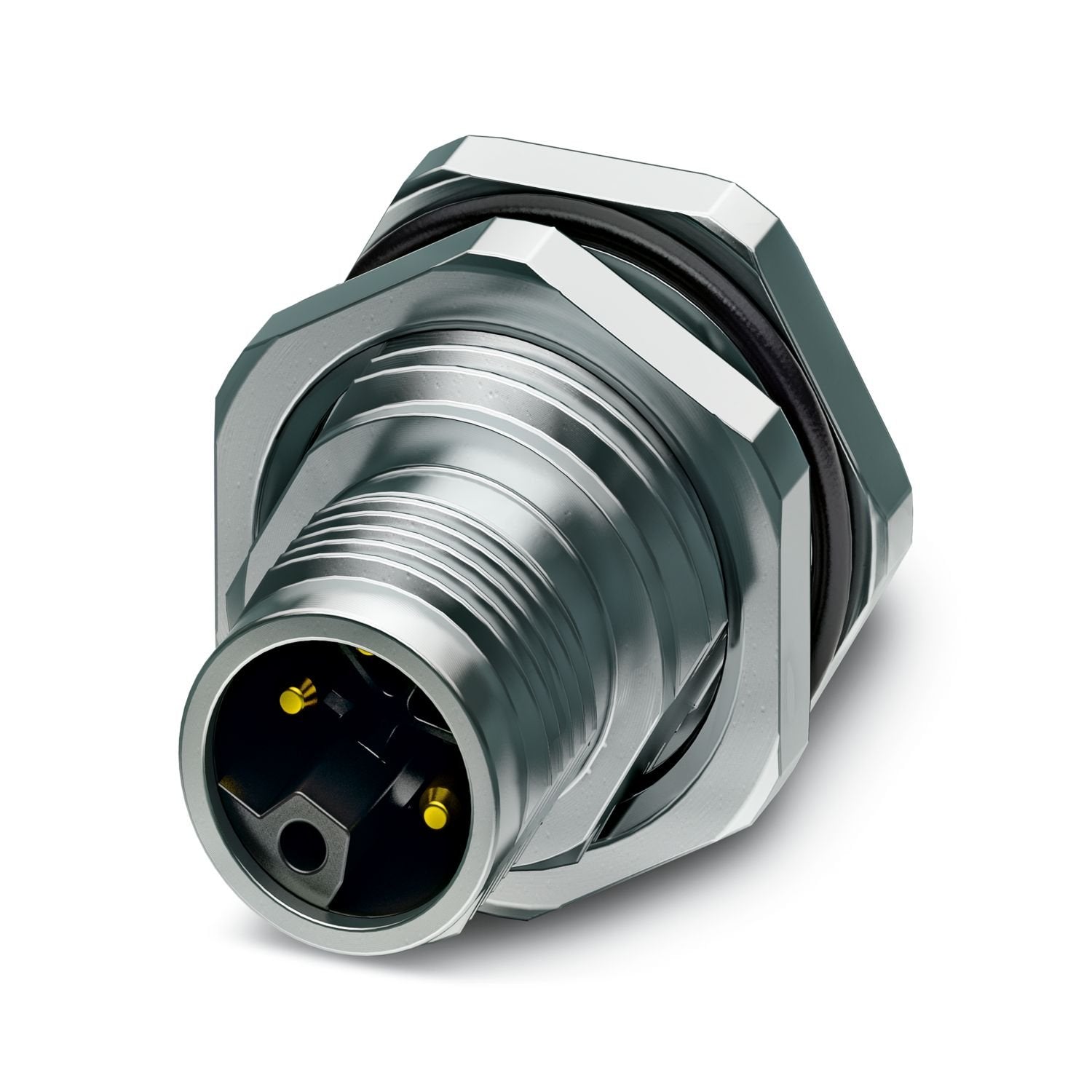 Device connector rear mounting, Power, 4-position, Pin, straight, M12, L-coding, Wave soldering, this item is expected to be lead-free from Q1 2027 in accordance with RoHS II without exception 6c (Pb < 0.1%), a lead-free alternative is possible on request in advance