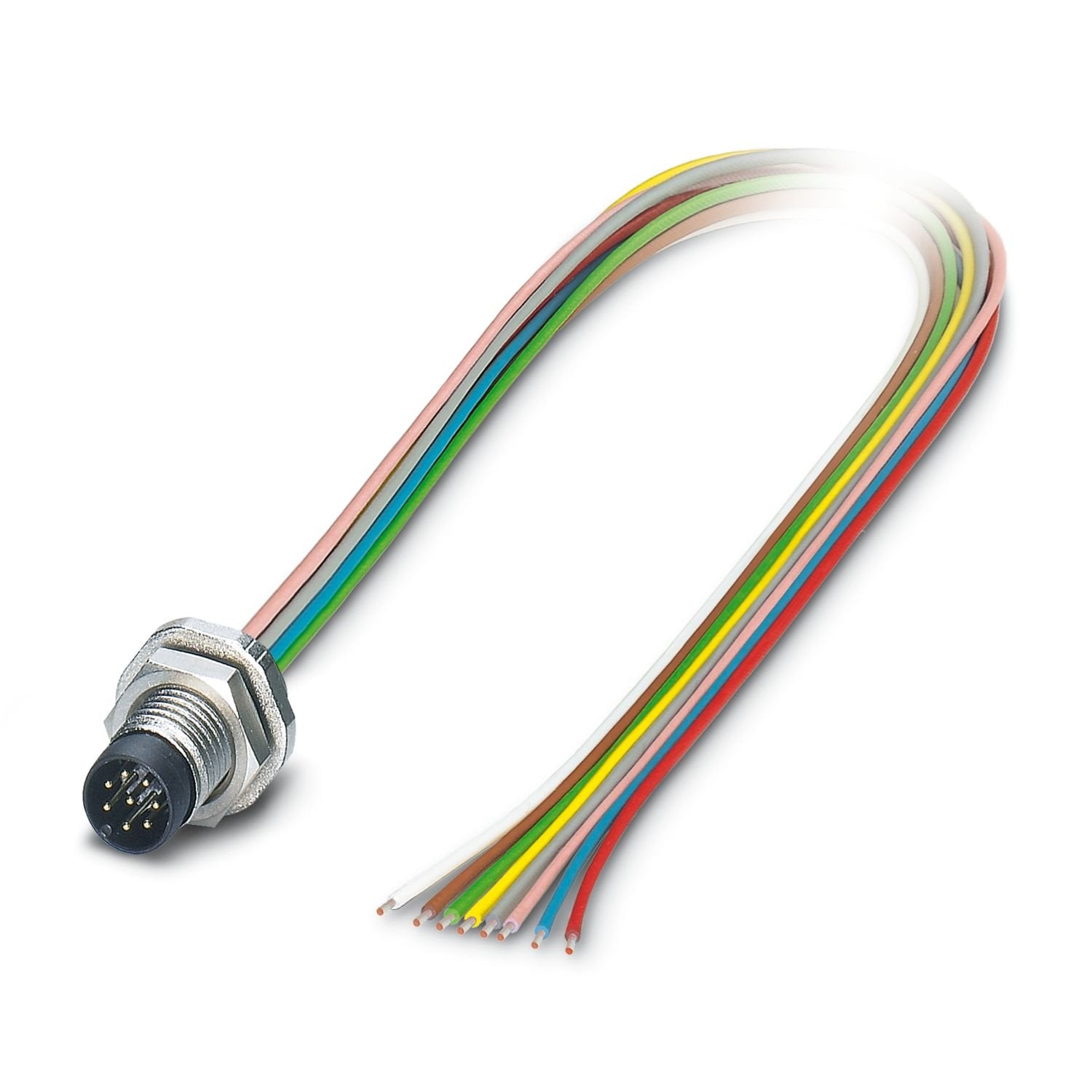 Device connector rear mounting, 8-position, Pin, straight, M8, A-coding, on free cable end, Individual wires, cable length: 0.5 m, 0.14 mm 2 , PVC litz wire
