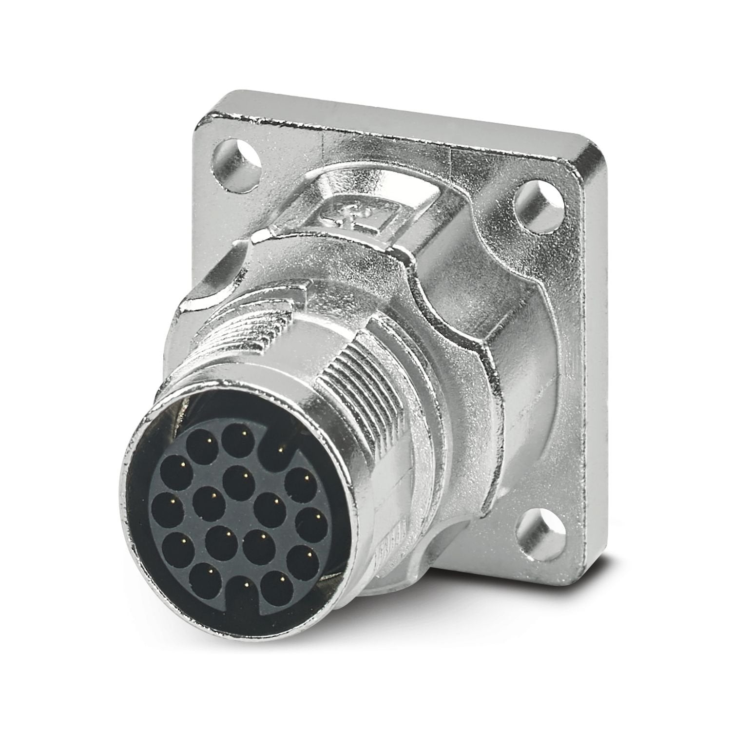 M17, Device connector front mounting, series: M17 PRO, straight, shielded: yes, for standard and ONECLICK fast locking system, No. of pos.: 17, contact connection type: Pin, Crimp connection, flange dimensions: 26 mm x 26 mm, Item is lead-free in accordance with RoHS II without Exemption 6c (Pb < 0.1 %)