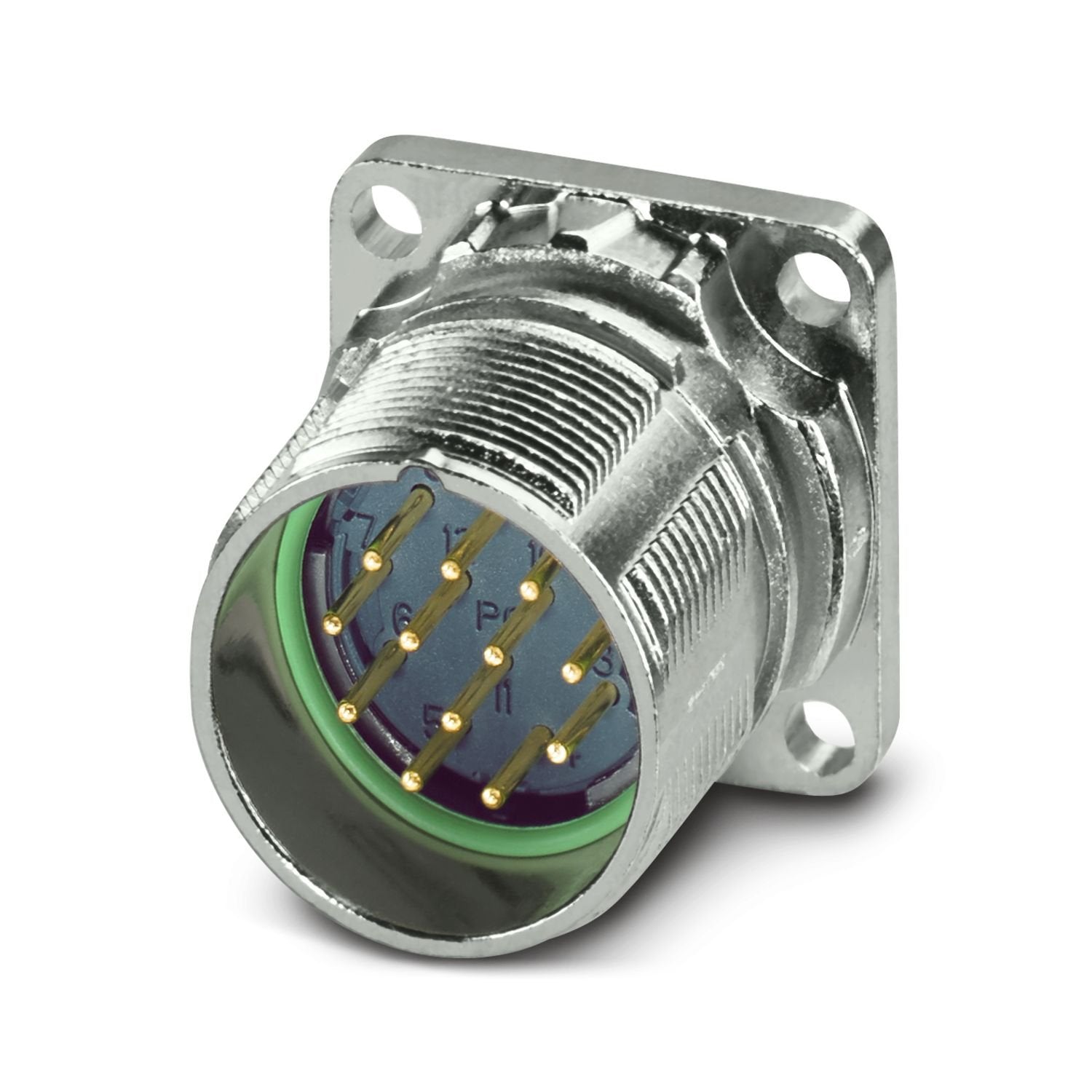 M23, Device connector front mounting, series: M23 PRO Signal, straight, shielded: yes, for standard and ONECLICK fast locking system, No. of pos.: 12, Direction of rotation: Standard, contact connection type: Pin, Crimp connection, flange dimensions: 26 mm x 26 mm, coding: N, Item is lead-free in accordance with RoHS II without Exemption 6c (Pb < 0.1 %)
