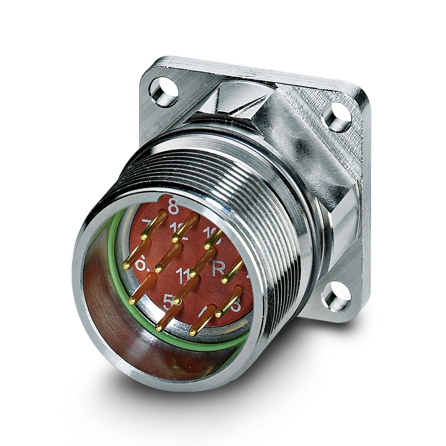 Device connector front mounting, straight, Screw locking mechanism, M23, number of positions: 12, contact connection type: Pin, Axial O-ring, shielded: yes, number of positions: 12, connection method: Crimp connection, series: RF, This product is in the process of being discontinued. This product must no longer be considered for new projects. Please contact your sales representative for alternatives.