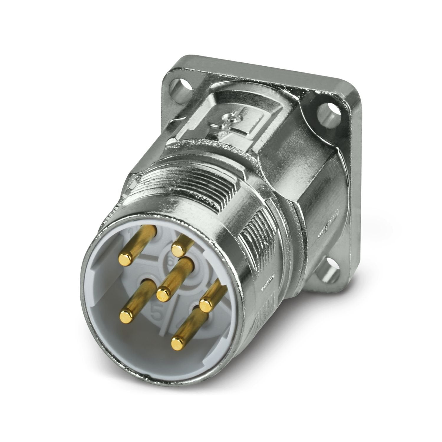 M23, Device connector front mounting, series: M23 PRO, straight, shielded: yes, for standard and ONECLICK fast locking system, No. of pos.: 5+PE, contact connection type: Pin, Crimp connection, flange dimensions: 26 mm x 26 mm, coding: N, Item is lead-free in accordance with RoHS II without Exemption 6c (Pb < 0.1 %)