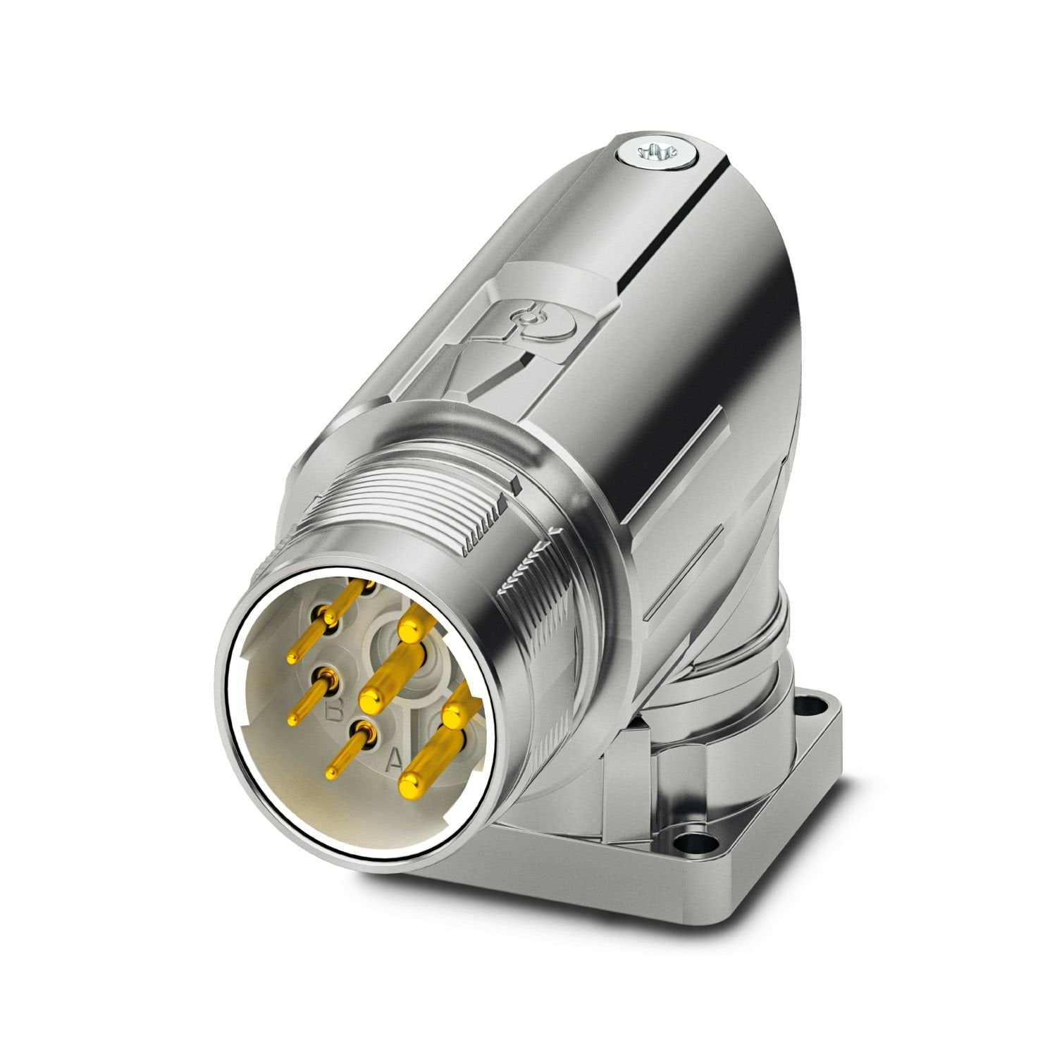 M23, Device connector front mounting, series: M23 PRO, angled rotatable, shielded: yes, for standard and ONECLICK fast locking system, No. of pos.: 4+3+PE, contact connection type: Pin, Crimp connection, flange dimensions: 28 mm x 28 mm, Item is lead-free in accordance with RoHS II without Exemption 6c (Pb < 0.1 %)