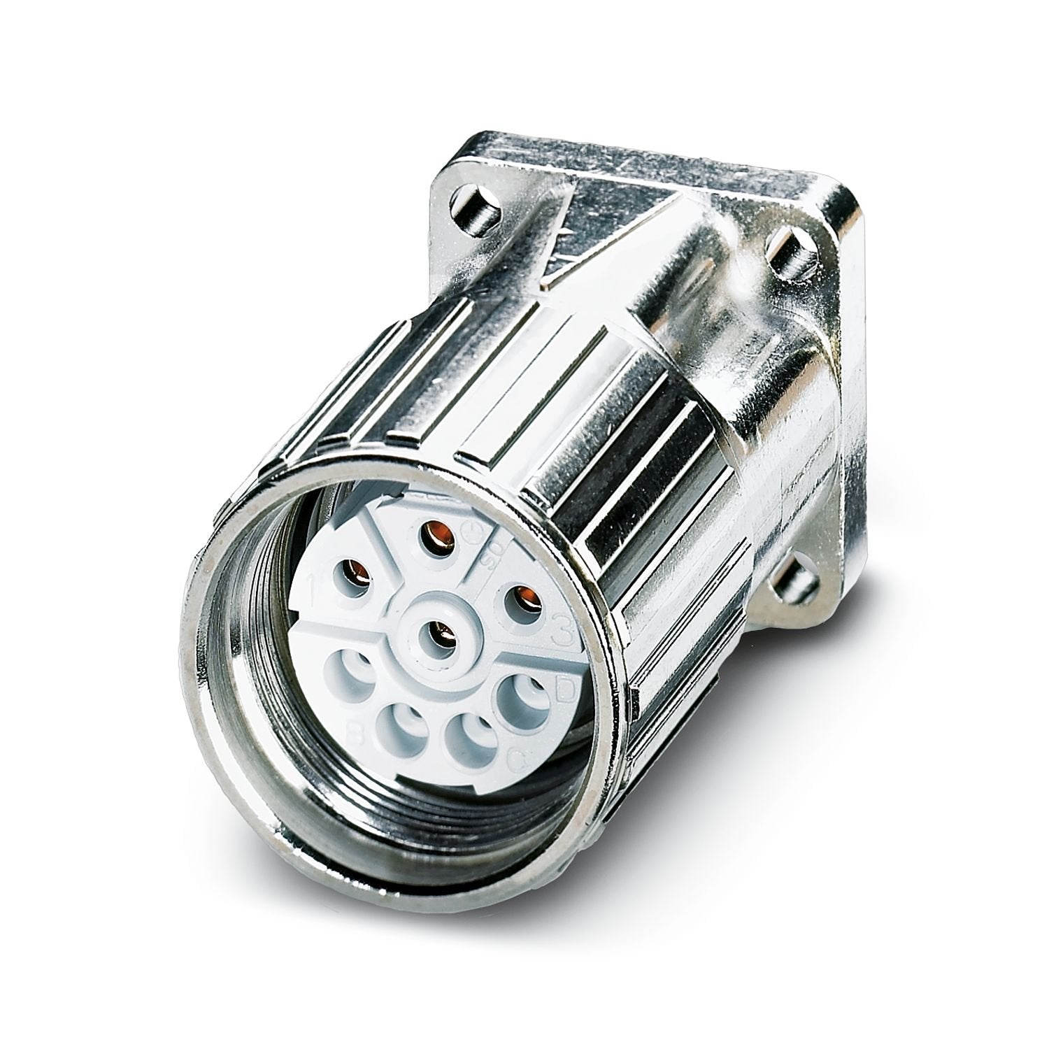 Device connector front mounting with knurled nut, straight, Screw locking mechanism, M23, number of positions: 4+3+PE, contact connection type: Socket, Axial O-ring, shielded: yes, flange dimensions: 26 mm x 26 mm, cable diameter range: 0 mm ... 0 mm, number of positions: 8, connection method: Crimp connection, series: SF, This product is in the process of being discontinued. This product must no longer be considered for new projects. Please contact your sales representative for alternatives.