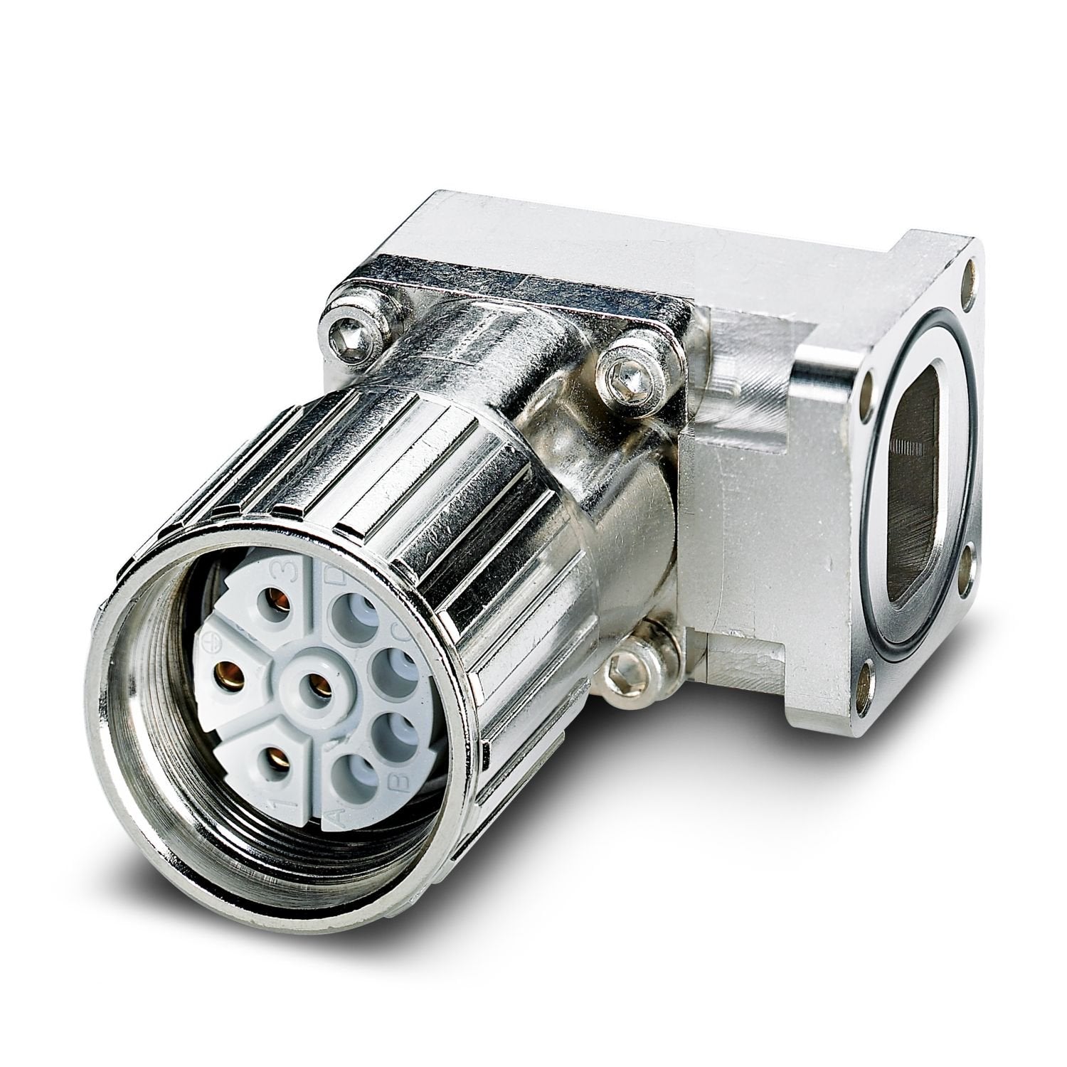 Device connector front mounting with knurled nut, angled fixed, Screw locking mechanism, M23, number of positions: 4+3+PE, contact connection type: Socket, Axial O-ring, shielded: yes, flange dimensions: 26 mm x 26 mm, number of positions: 8, connection method: Crimp connection, series: SF, This product is in the process of being discontinued. This product must no longer be considered for new projects. Please contact your sales representative for alternatives.