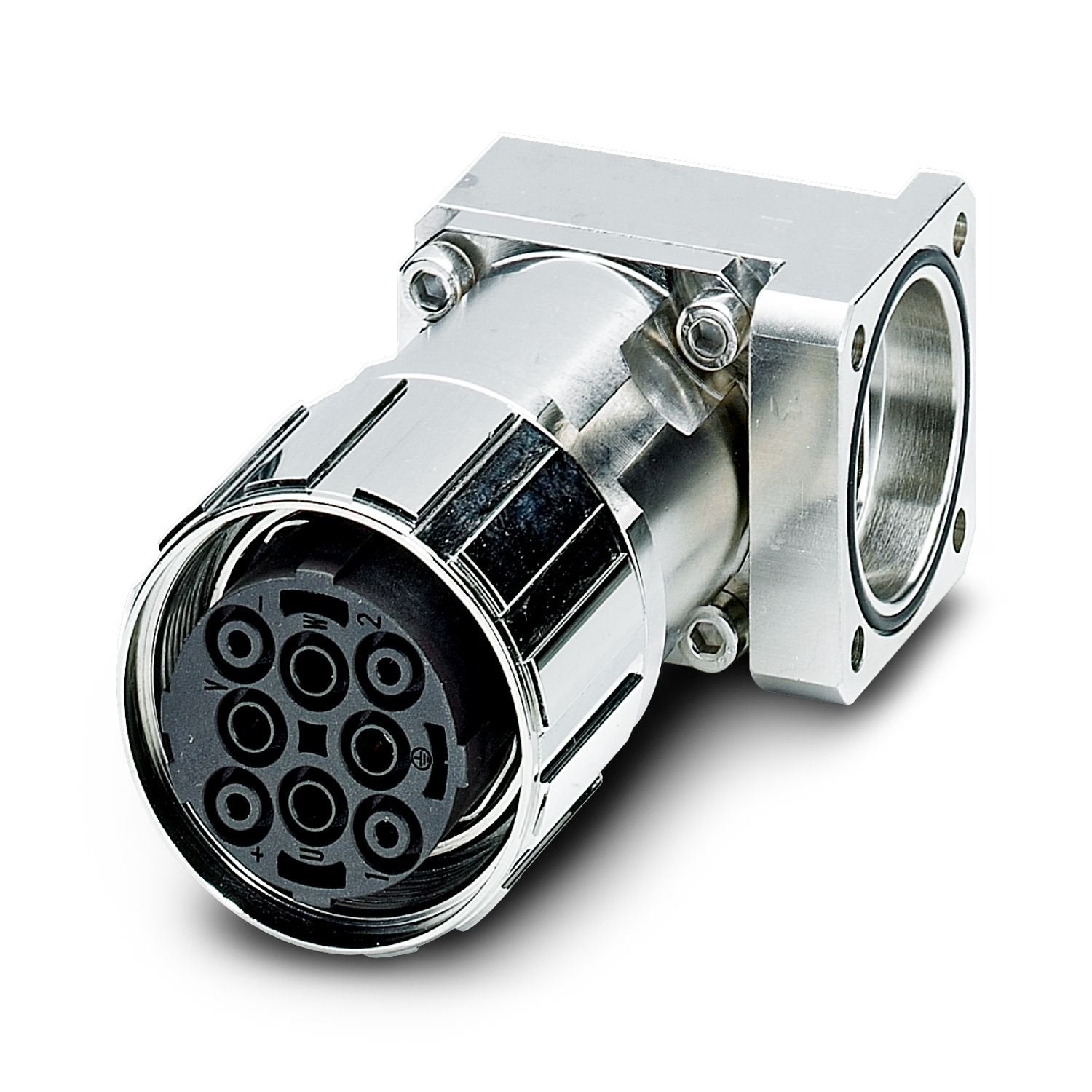 Device connector front mounting with knurled nut, angled fixed, Screw locking mechanism, M40, number of positions: 2+3+PE, contact connection type: Socket, Axial O-ring, shielded: yes, flange dimensions: 40 mm x 40 mm, number of positions: 6, connection method: Crimp connection, series: SM, this item is expected to be lead-free from Q3 2026 in accordance with RoHS II without exception 6c (Pb < 0.1%), a lead-free alternative is possible on request in advance