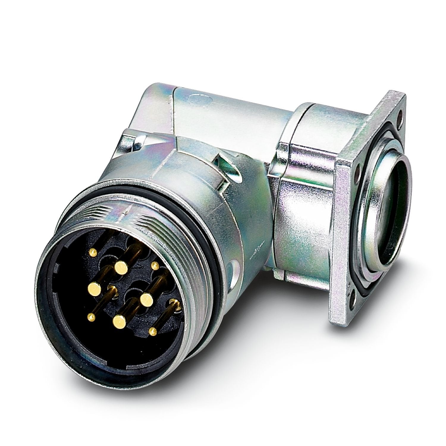 Device connector front mounting, angled rotatable, for standard and SPEEDCON interlock, M40, number of positions: 2+3+PE, contact connection type: Pin, Axial O-ring, shielded: yes, flange dimensions: 40 mm x 40 mm, number of positions: 6, connection method: Crimp connection, series: SM
