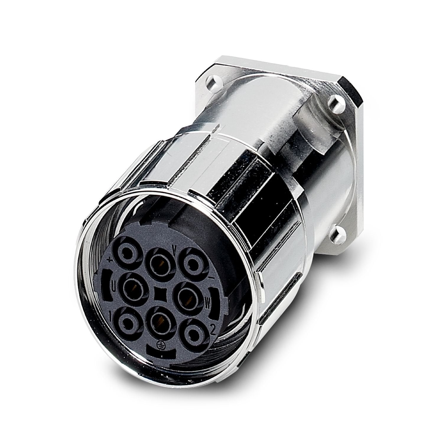 Device connector front mounting with knurled nut, straight, Screw locking mechanism, M40, number of positions: 4+3+PE, contact connection type: Socket, Axial O-ring, shielded: yes, flange dimensions: 40 mm x 40 mm, cable diameter range: 0 mm ... 0 mm, number of positions: 8, connection method: Crimp connection, series: SM, this item is expected to be lead-free from Q3 2026 in accordance with RoHS II without exception 6c (Pb < 0.1%), a lead-free alternative is possible on request in advance