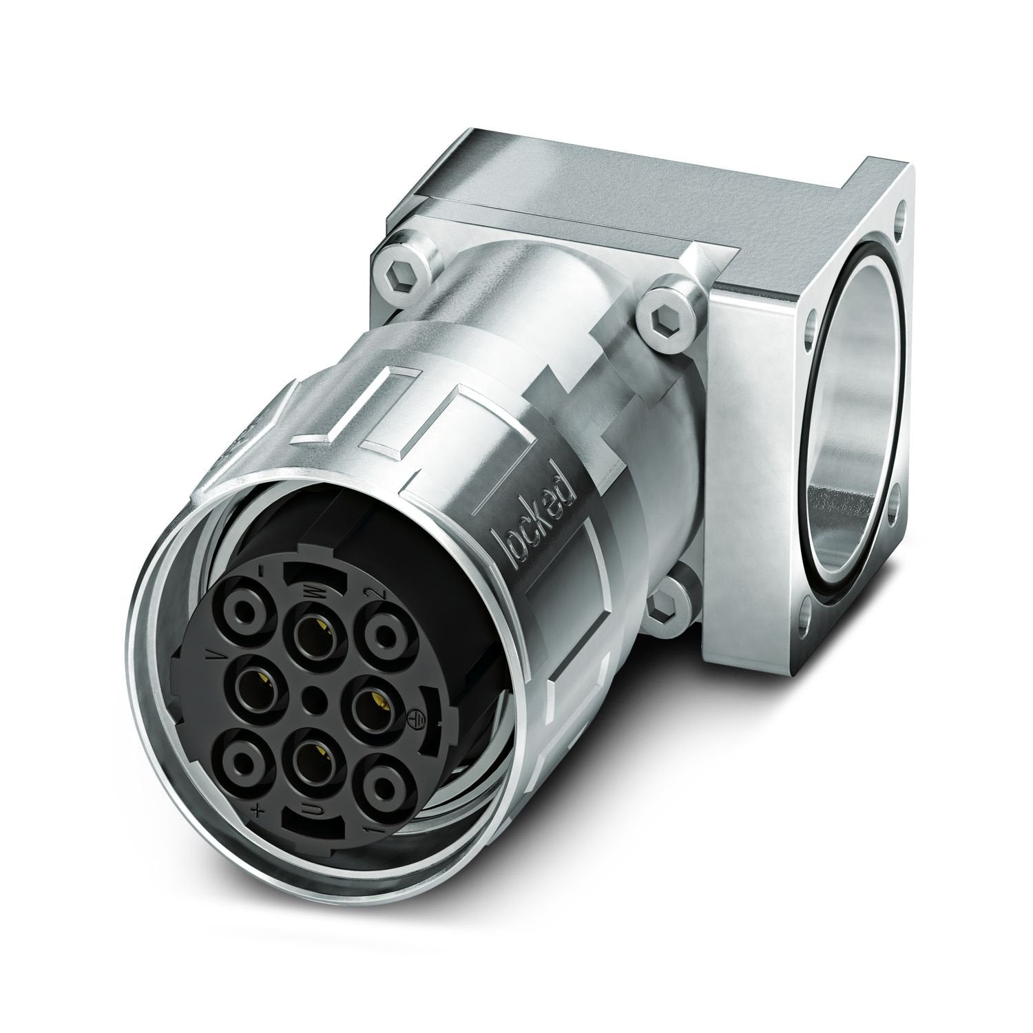 Device connector front mounting with knurled nut, angled fixed, SPEEDCON, M40, number of positions: 2+3+PE, contact connection type: Socket, Axial O-ring, shielded: yes, flange dimensions: 40 mm x 40 mm, number of positions: 6, connection method: Crimp connection, series: SM, this item is expected to be lead-free from Q2 2026 in accordance with RoHS II without exception 6c (Pb < 0.1%), a lead-free alternative is possible on request in advance