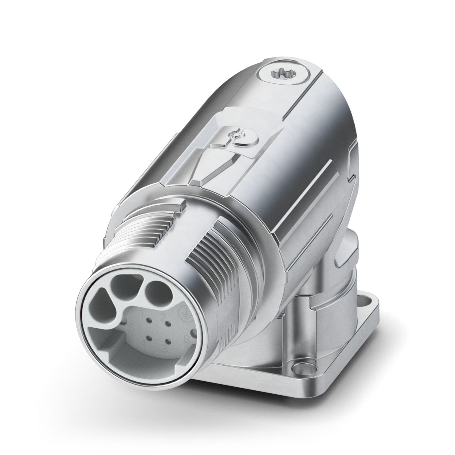M17, Device connector front mounting, series: M17 PRO, angled rotatable, for standard and ONECLICK fast locking system, No. of pos.: 4+4+3+PE, contact connection type: Pin, Crimp connection, flange dimensions: 21.6 mm x 21.6 mm, coding: Type 2 (based on IEC 61076-2-117), Item is lead-free in accordance with RoHS II without Exemption 6c (Pb < 0.1 %)