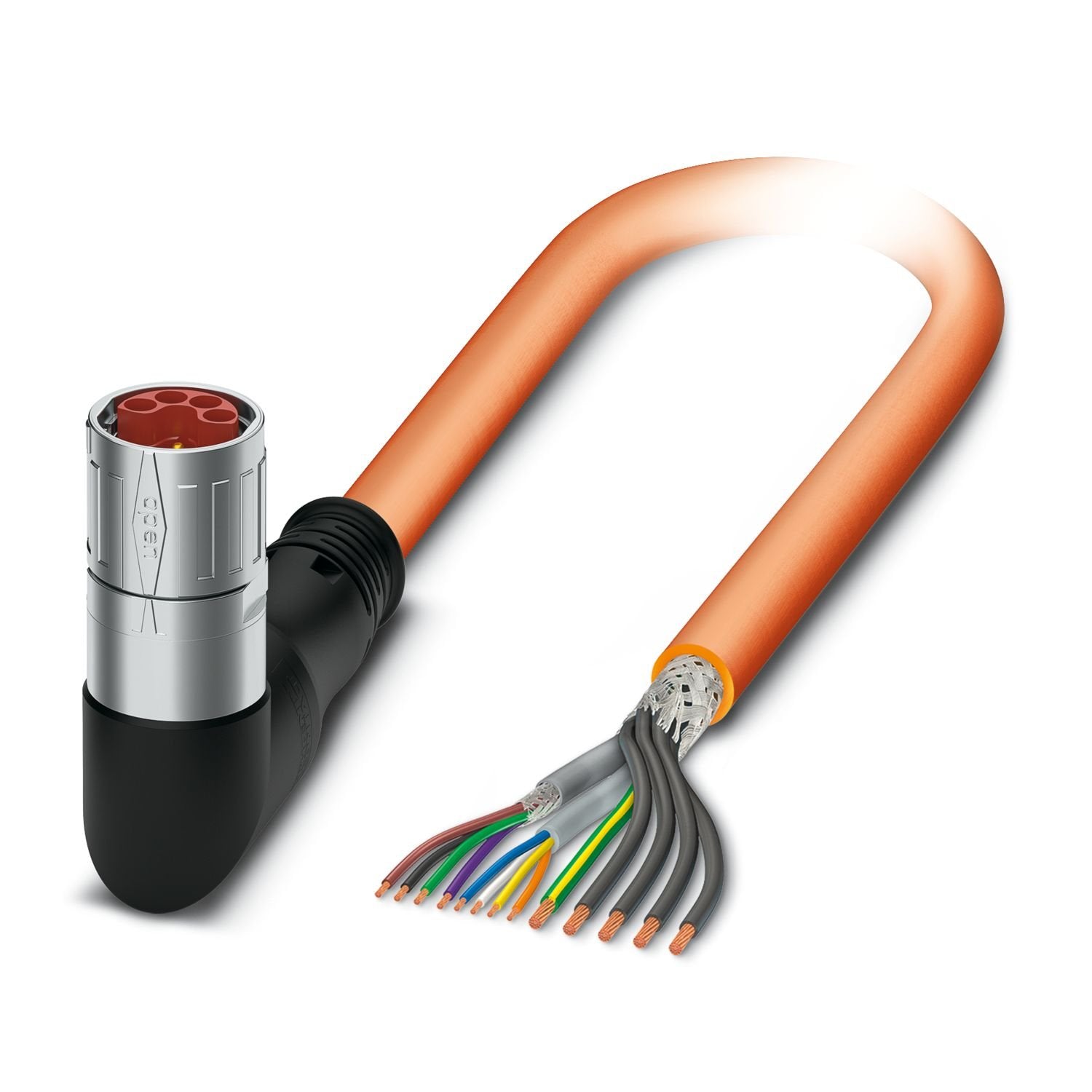 Cable plug in molded plastic, series: KSH, M23-Pin, angled rotatable, -120° left/120° right, number of positions: 4+4+4+PE, type of locking: SPEEDCON, cable length: 2 m, shielded: yes, color of outer sheath: orange RAL 2003, this item is expected to be lead-free from Q2 2026 in accordance with RoHS II without exception 6c (Pb < 0.1%), a lead-free alternative is possible on request in advance