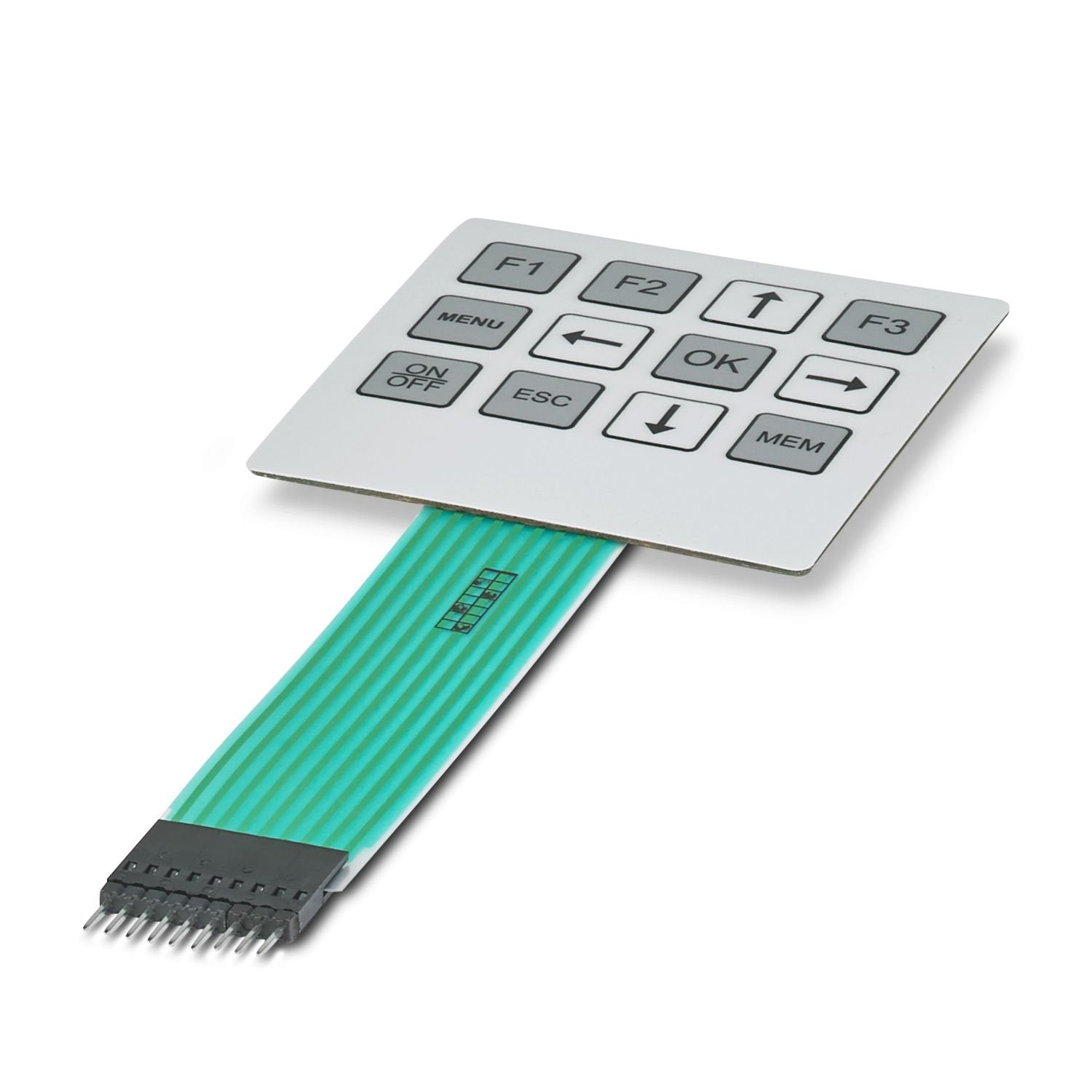 Membrane keypad, self-adhesive, silver conduction technology, 12 keys, embossed, 3 colors, connecting cable: 100.5 mm, with crimp female connector, pitch: 2.54 mm, operating temperature: -20°C ... 70°C