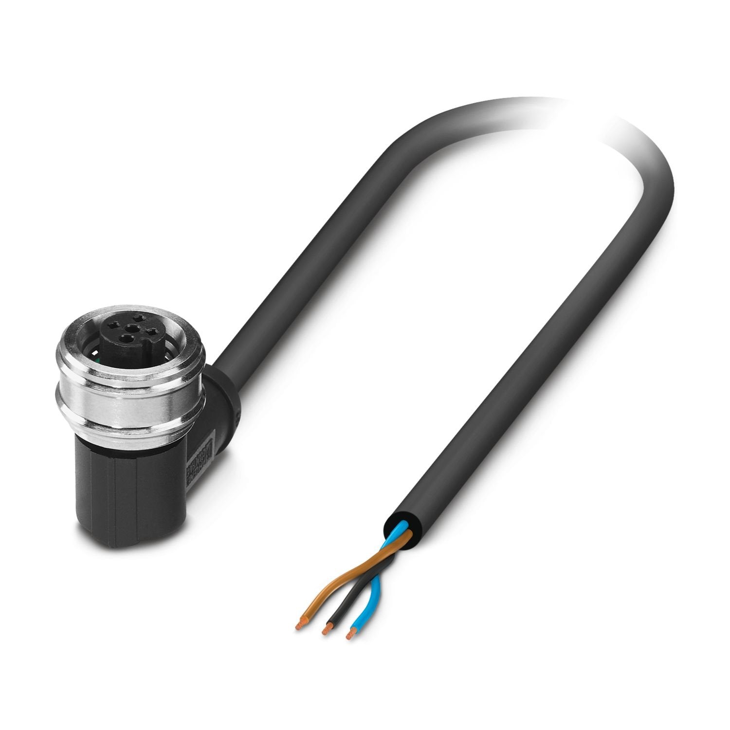Sensor/actuator cable, 3-position, PUR halogen-free, black-gray RAL 7021, free cable end, on Socket angled M12 Push Pull, coding: A, cable length: 1.5 m