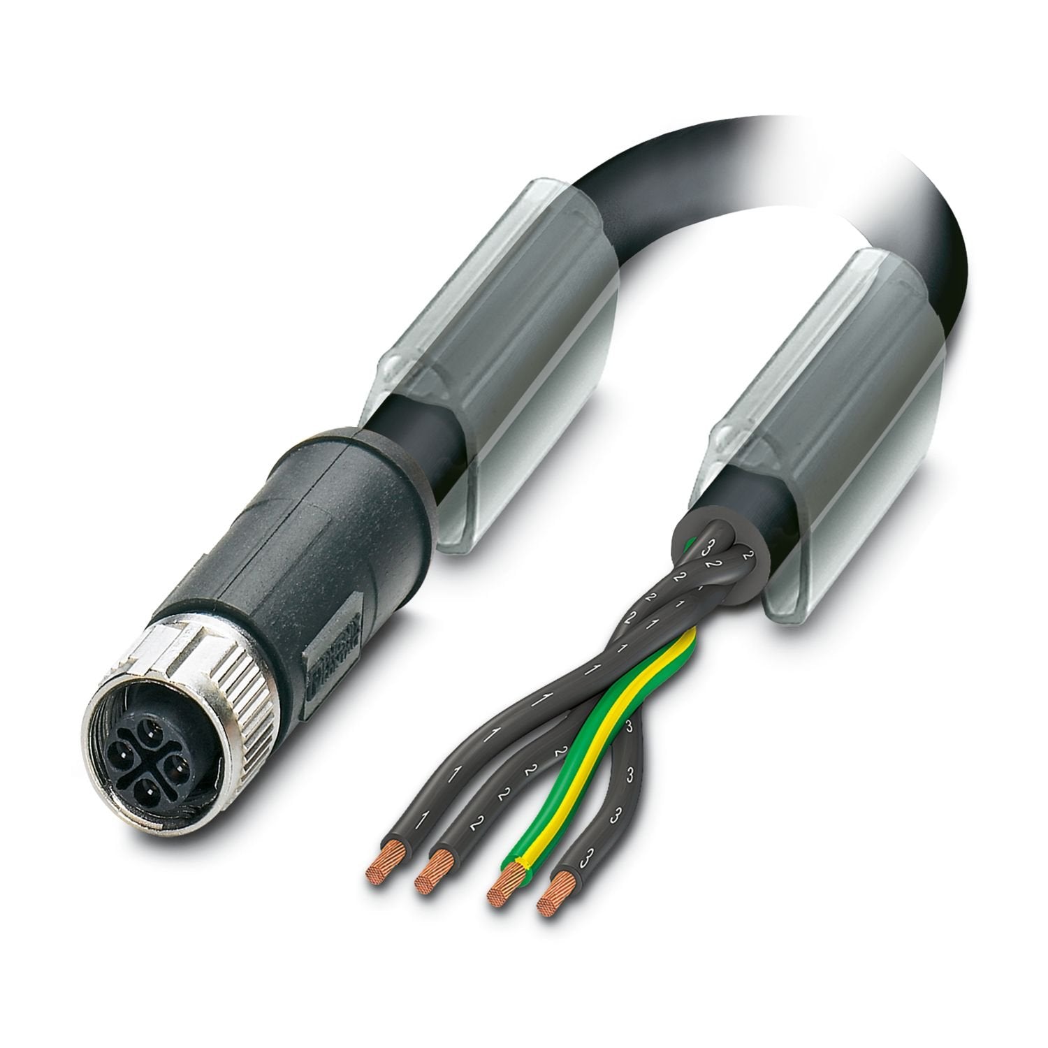 Power cable, 4-position, PUR halogen-free, black-gray RAL 7021, free cable end, on Socket straight M12, coding: S, cable length: 5 m, for AC current up to 12 A/690 V