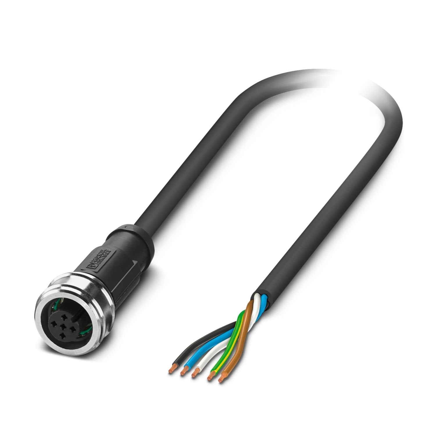 Sensor/actuator cable, 5-position, PUR halogen-free, black-gray RAL 7021, free cable end, on Socket straight M12 Push Pull, coding: A, cable length: 1.5 m