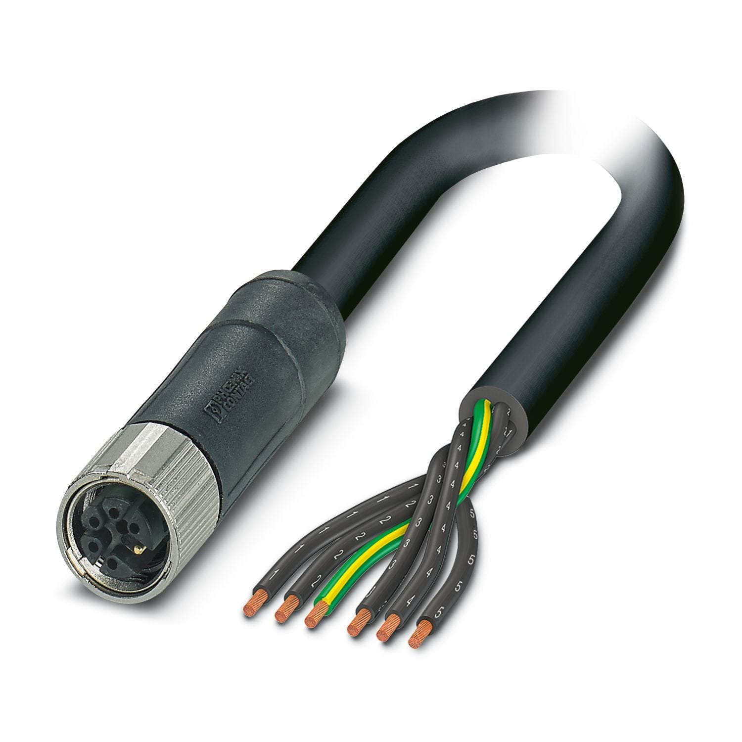 Power cable, 6-position, PUR halogen-free, black-gray RAL 7021, free cable end, on Socket straight M12, coding: M, cable length: 5 m, for AC current up to 8 A/690 V