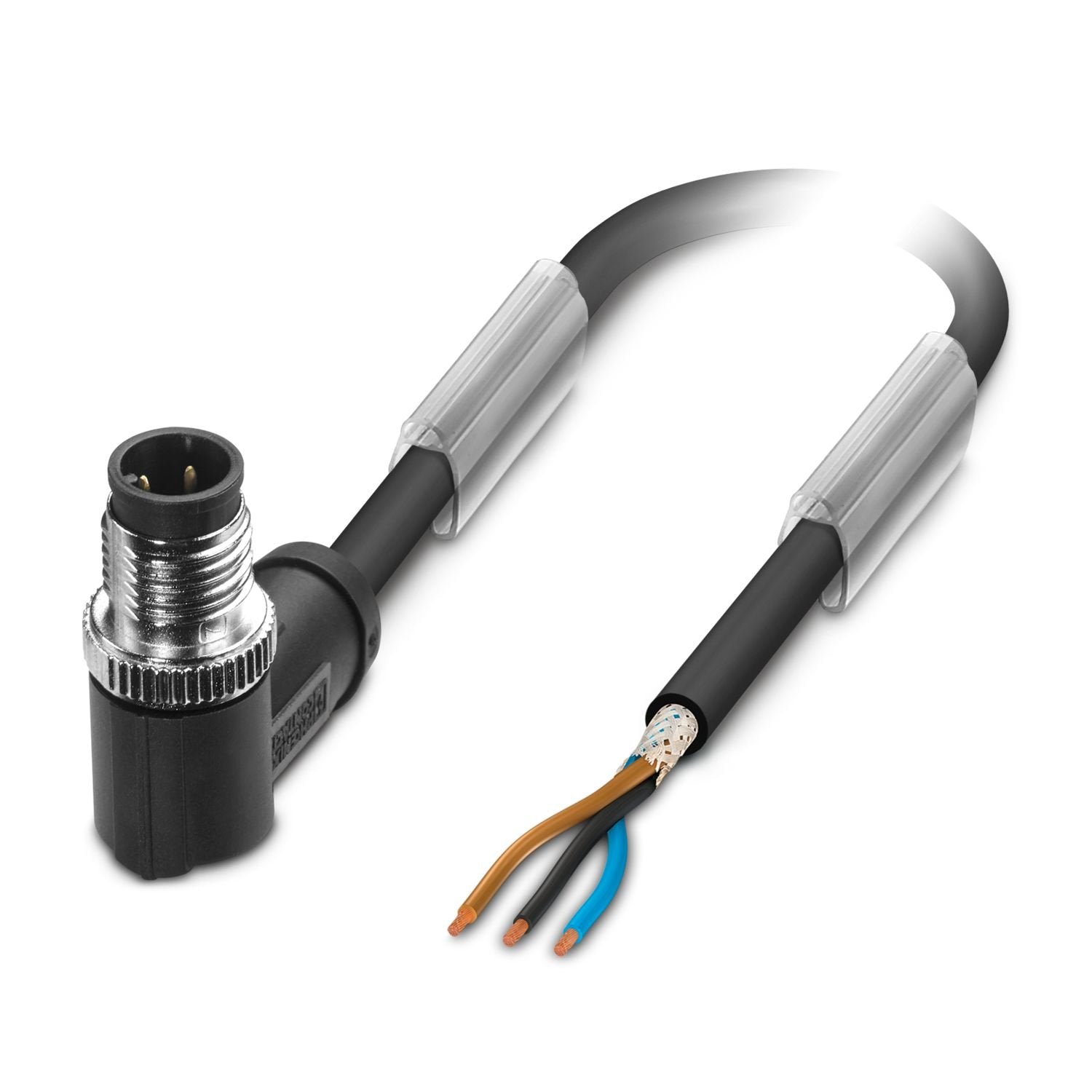 Sensor/actuator cable, 3-position, PUR halogen-free, black-gray RAL 7021, shielded (Advanced Shielding Technology), Plug angled M12, coding: A, on free cable end, cable length: 10 m