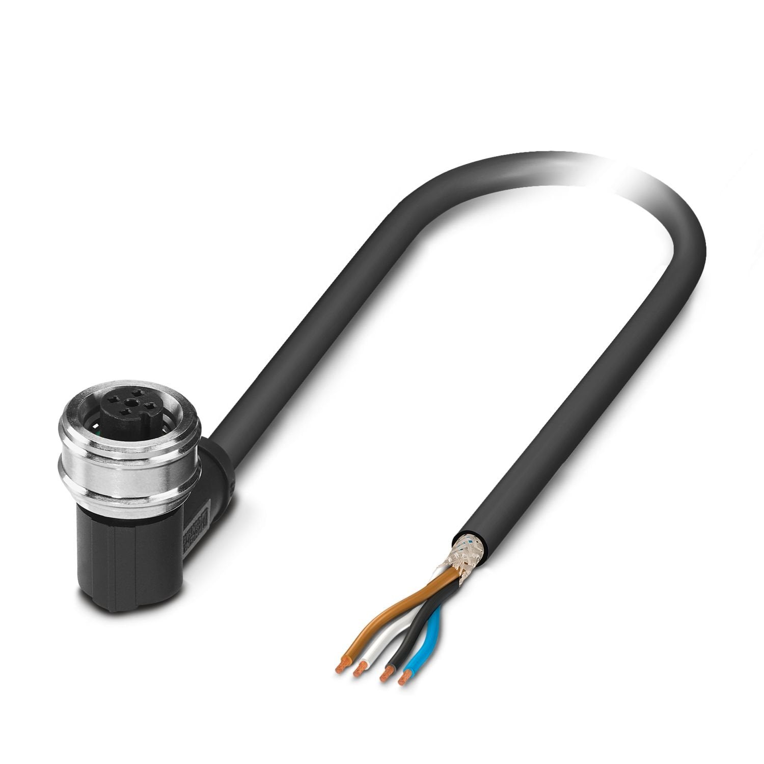 Sensor/actuator cable, 4-position, PUR halogen-free, black-gray RAL 7021, shielded (Advanced Shielding Technology), free cable end, on Socket angled M12 Push Pull, coding: A, cable length: 3 m